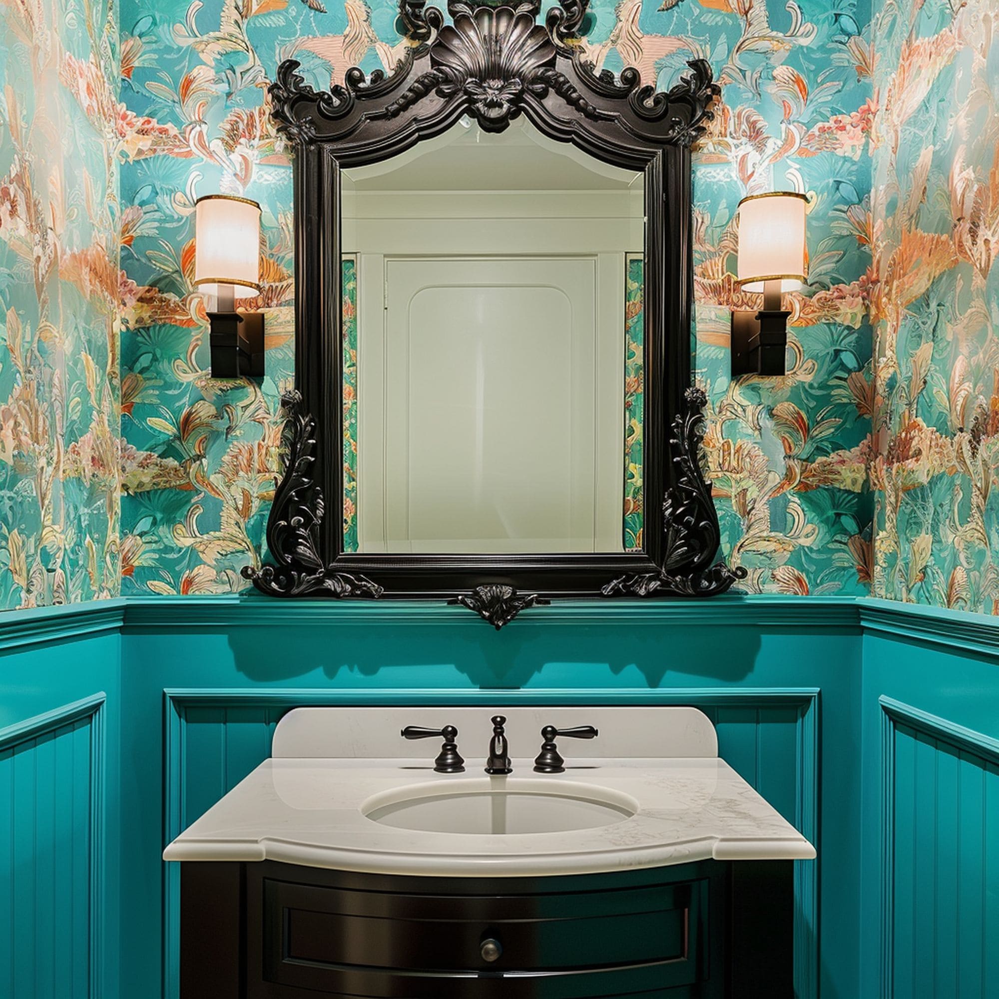 Powder Room With Turquoise Wainscoting