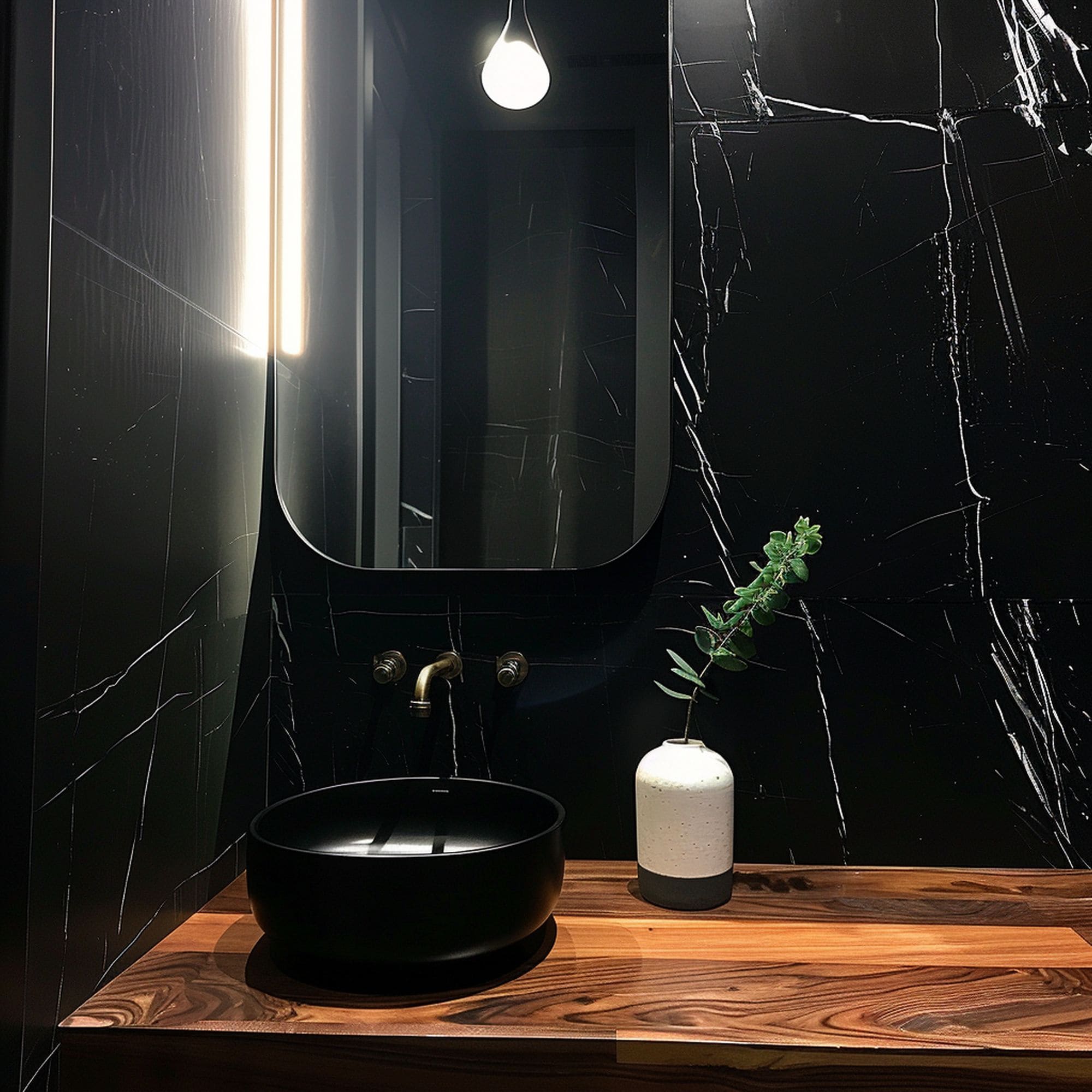 Powder Room With Black Marble Walls