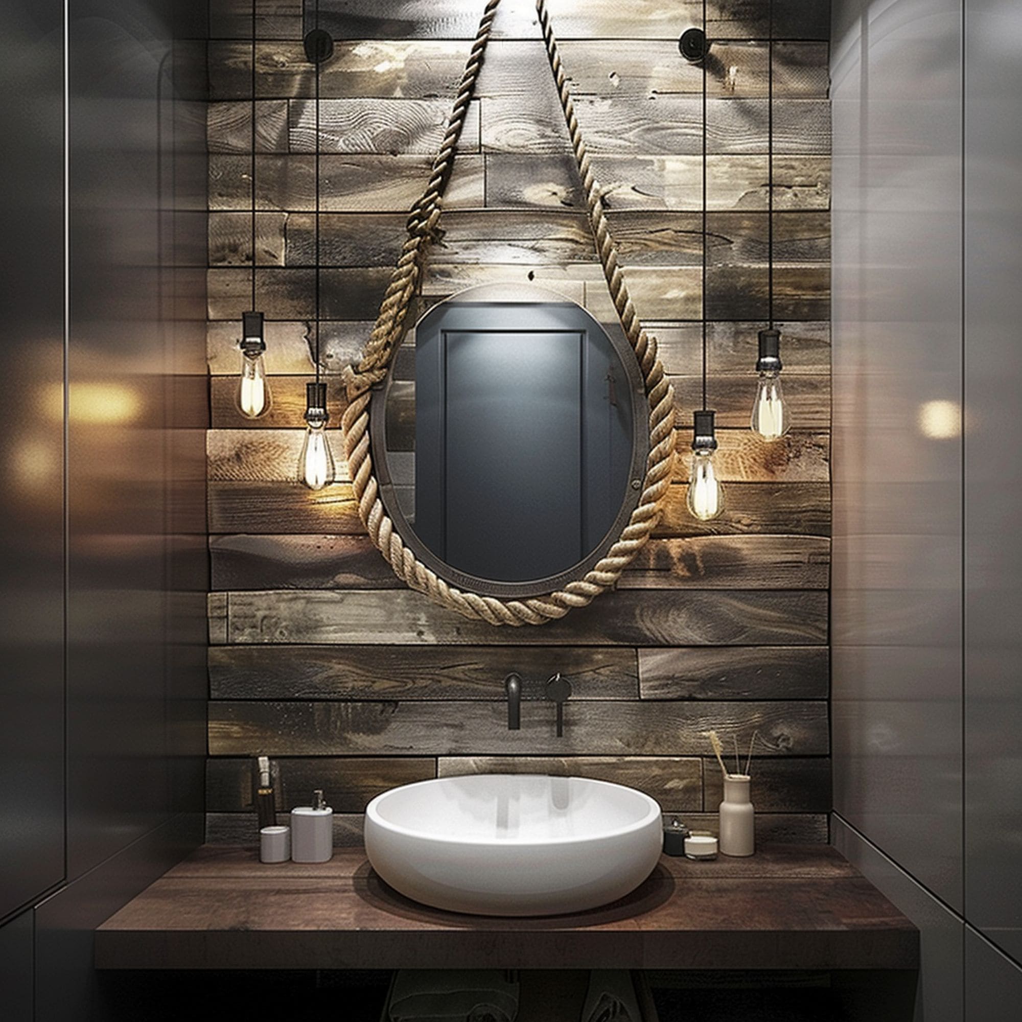 Powder Room With Rope Frame Mirror