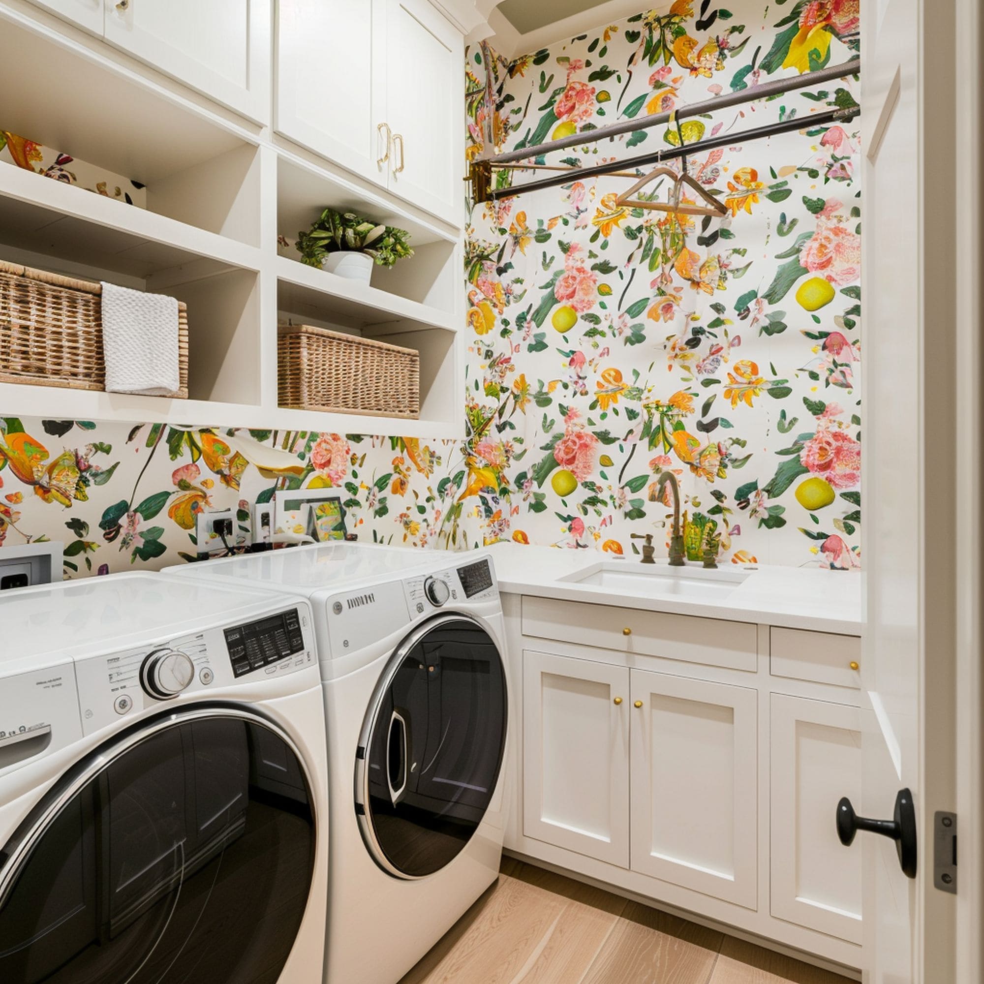 Laundry Room With Colorful Wallpaper
