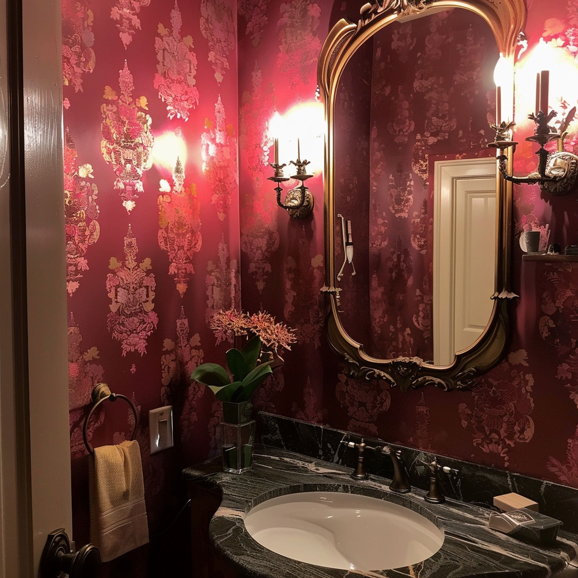 Powder Room With Red Wallpaper