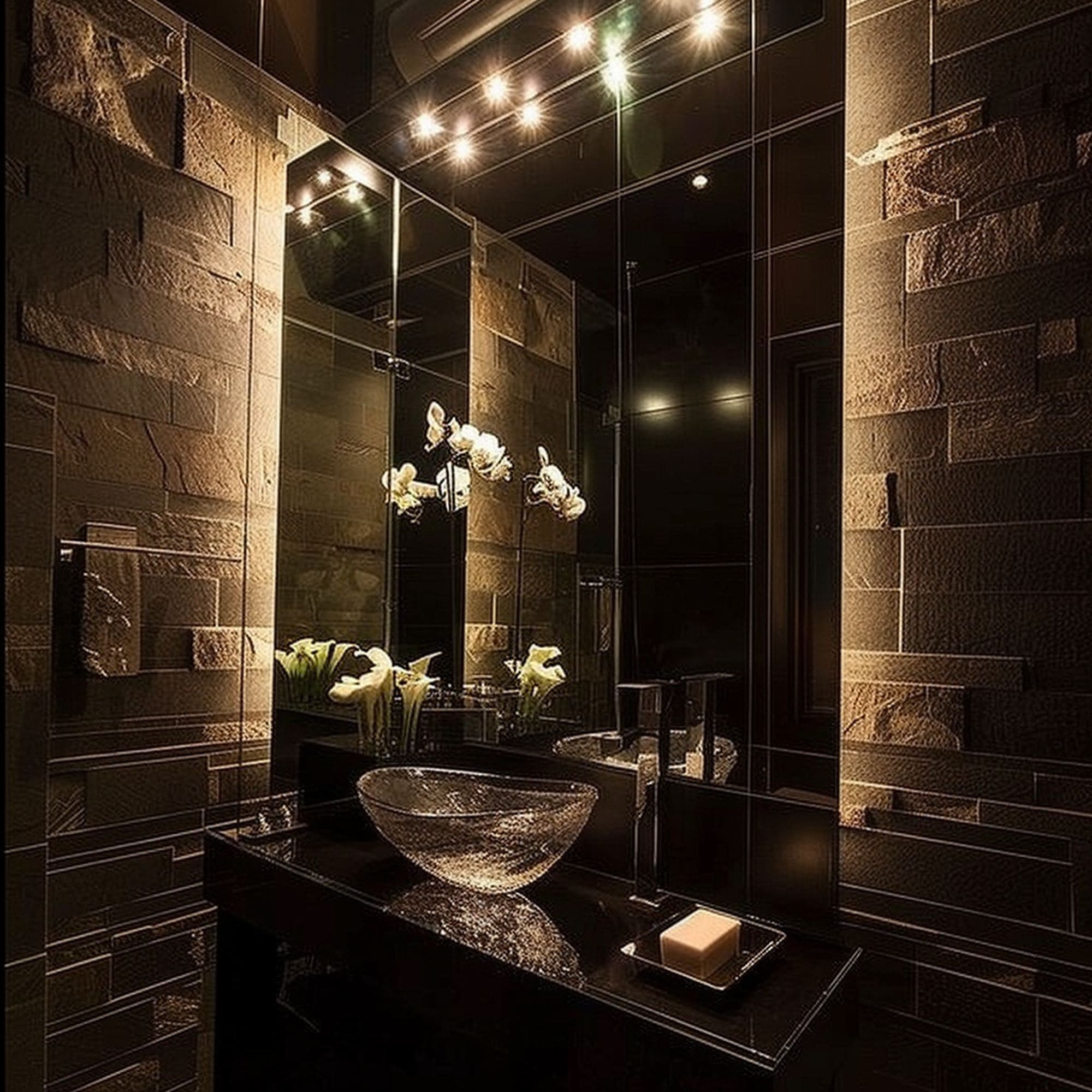 Dark Powder Room With Glass Sink Basin