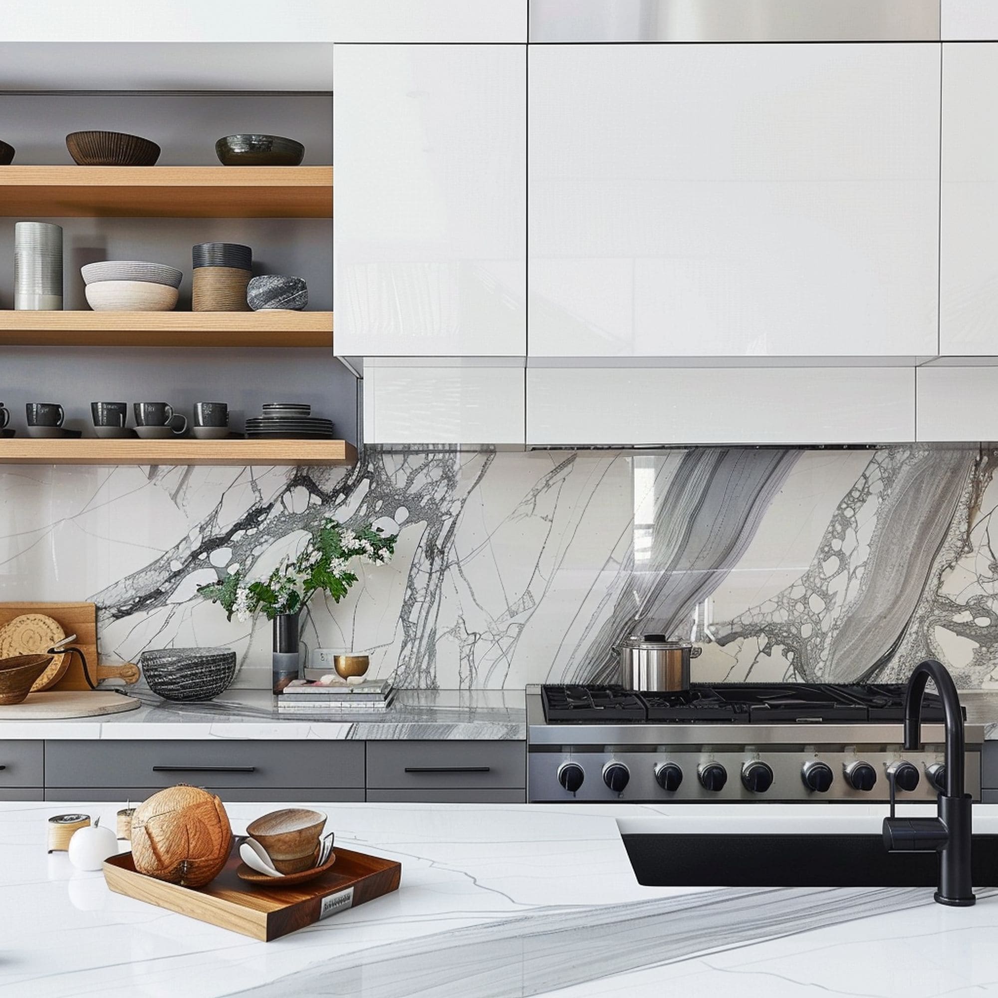 White and Gray Granite Kitchen Backsplash