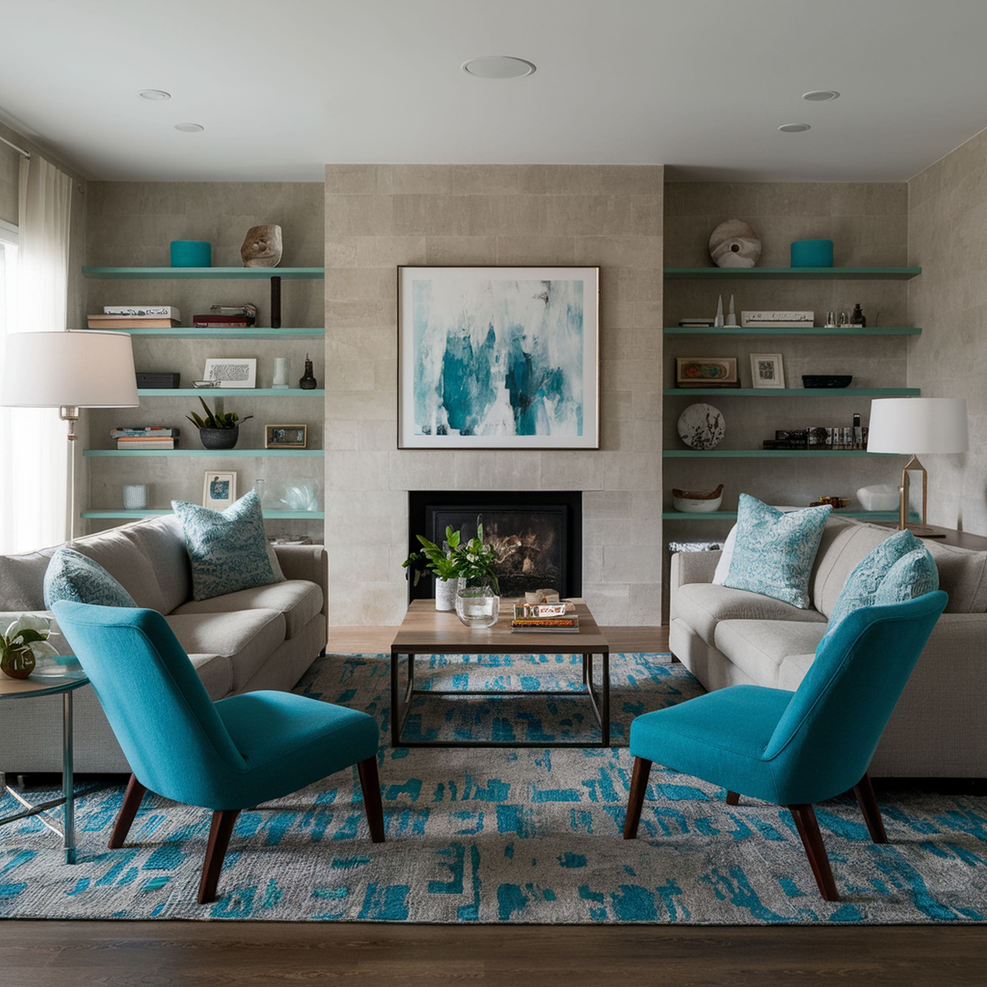 Neutral Living Room With Turquoise Accents