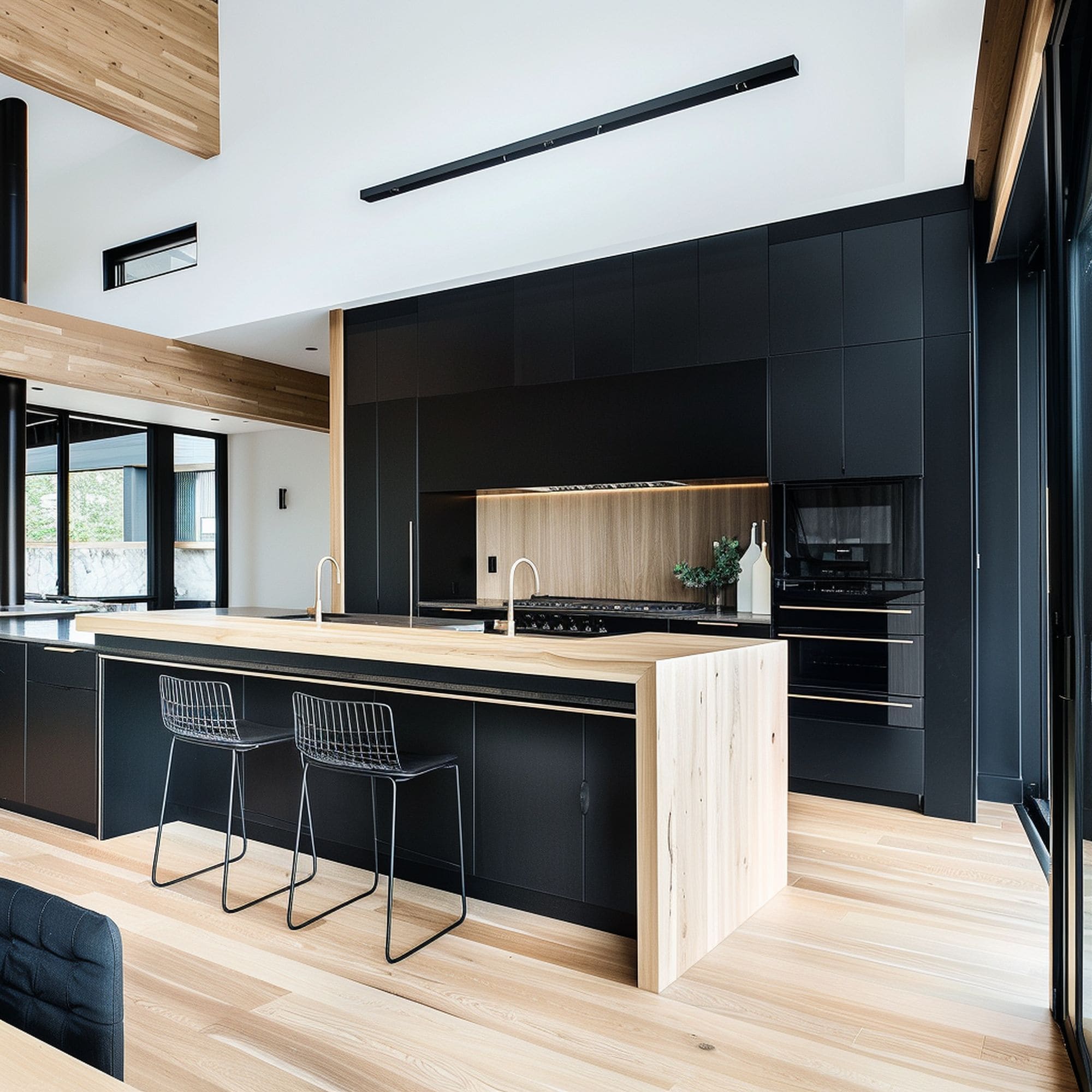 Black Kitchen With Wood Accents