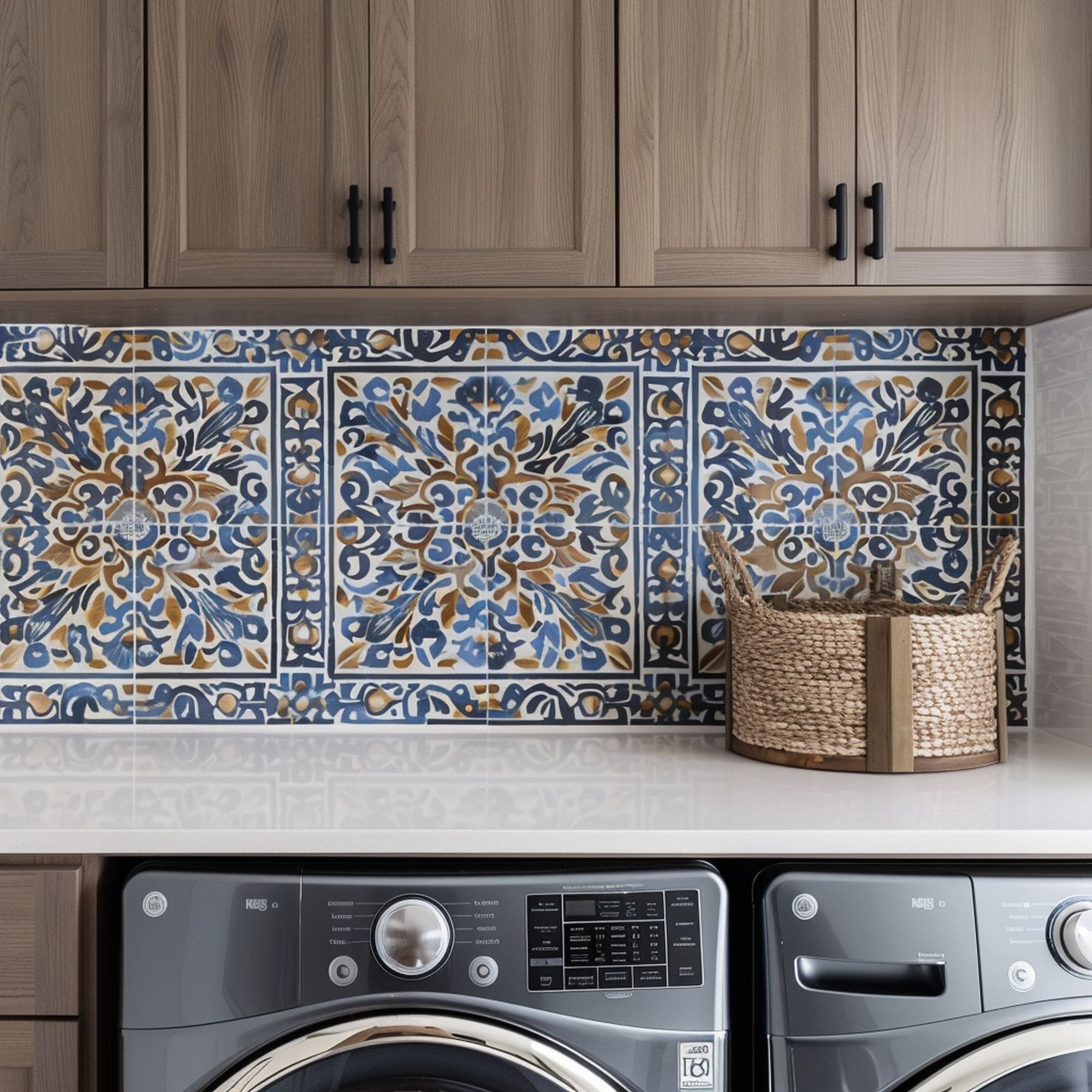 Laundry Room With Colorful Backsplash Design
