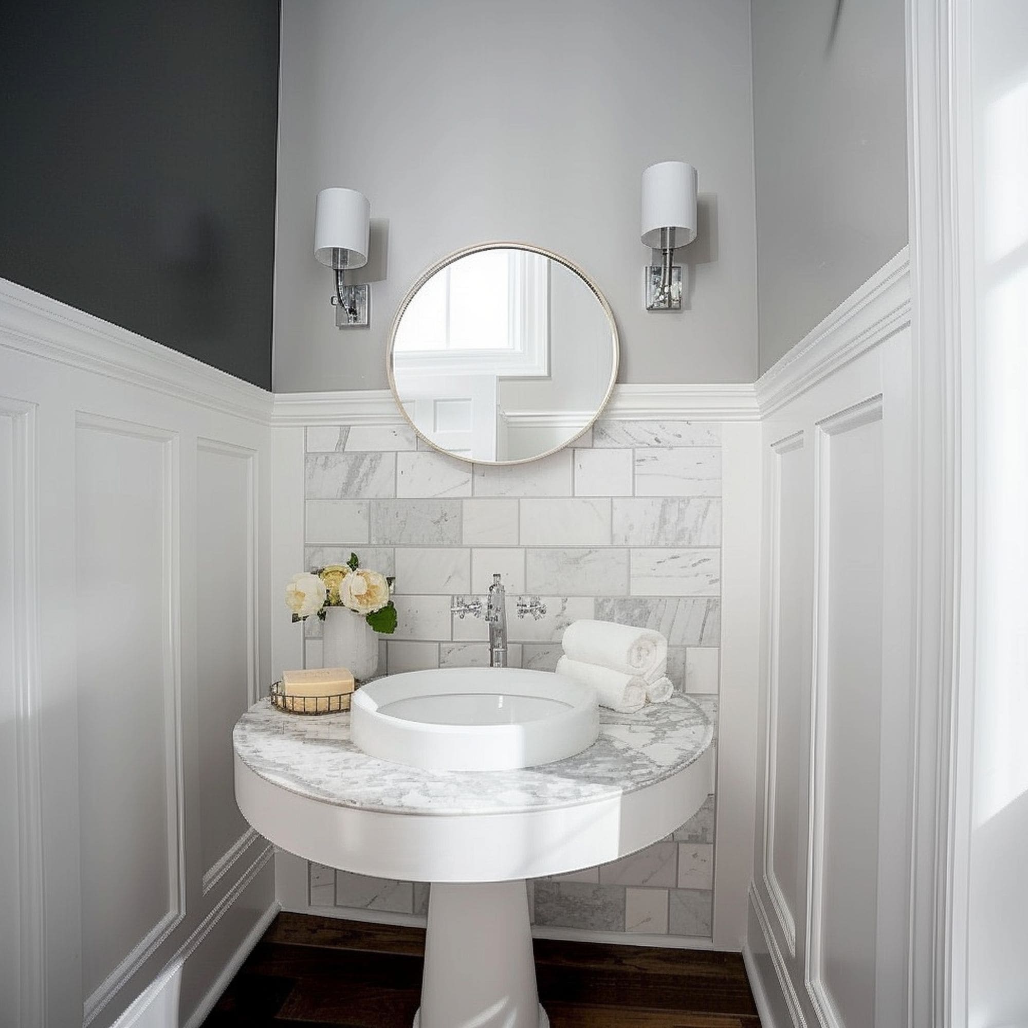 Powder Room With Marble Tile Wall
