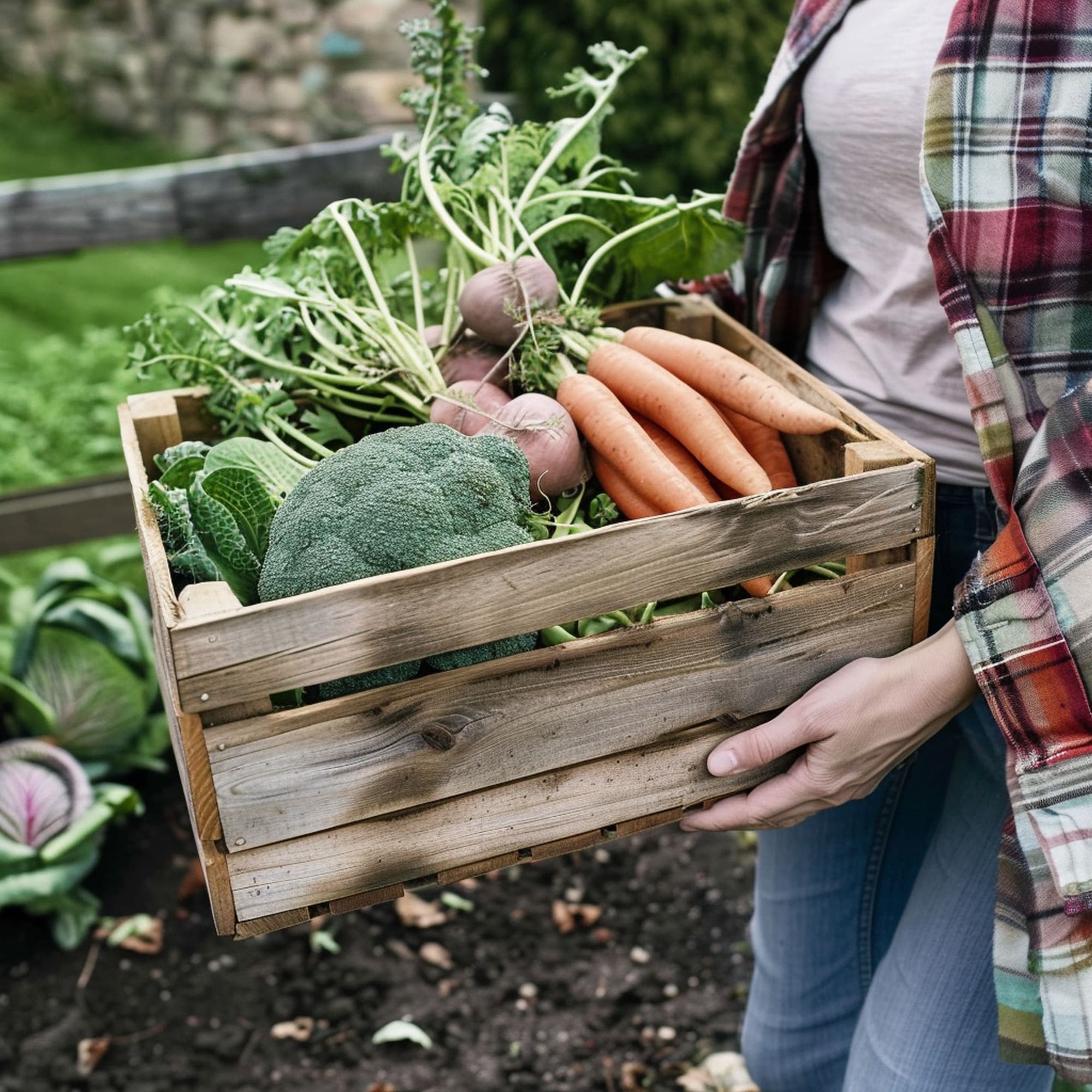 Woman Carrying Wooden Box With Fresh Vegetables