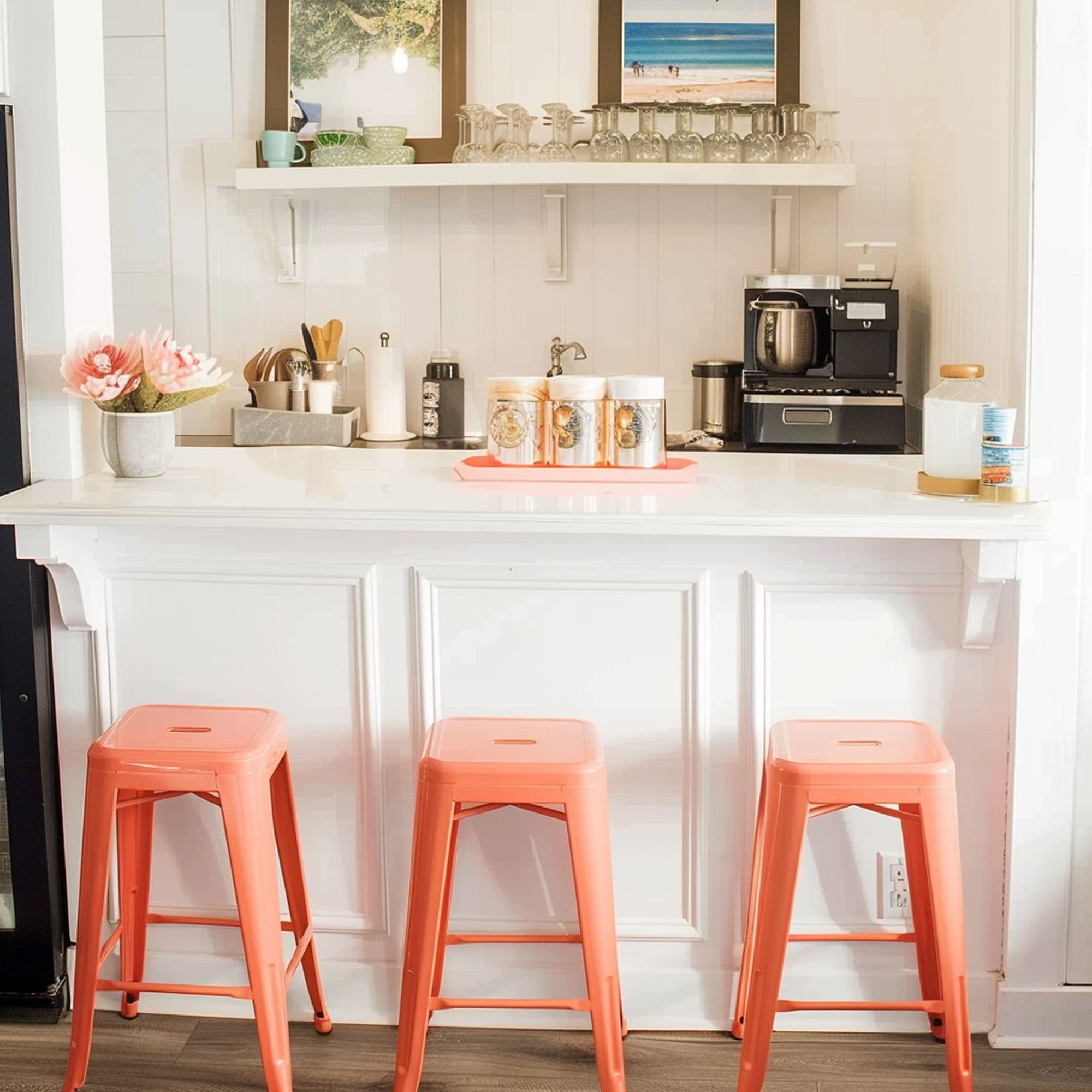 White Coffee Bar With Coral Bar Stools