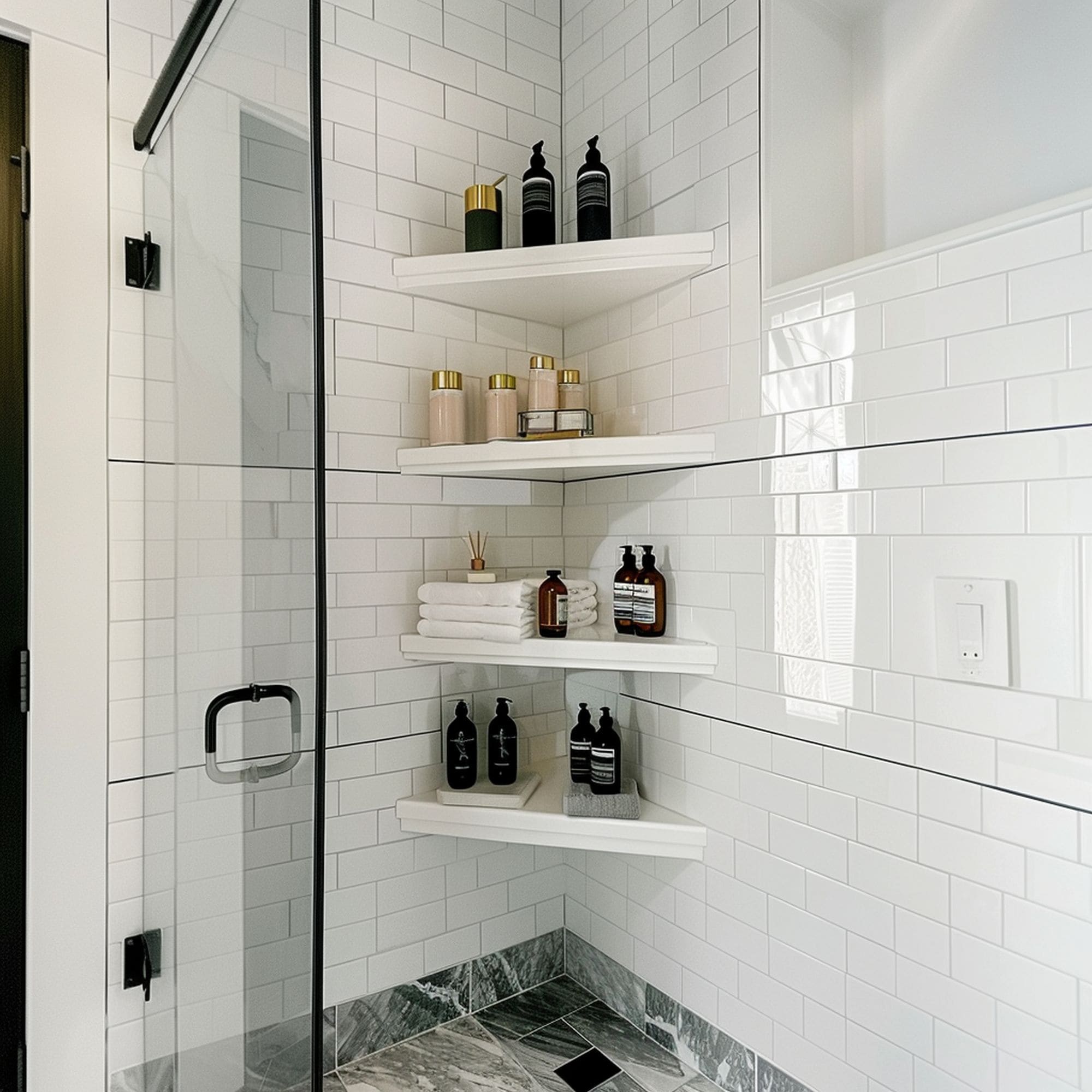 Shower Corner Shelves in Small Bathroom