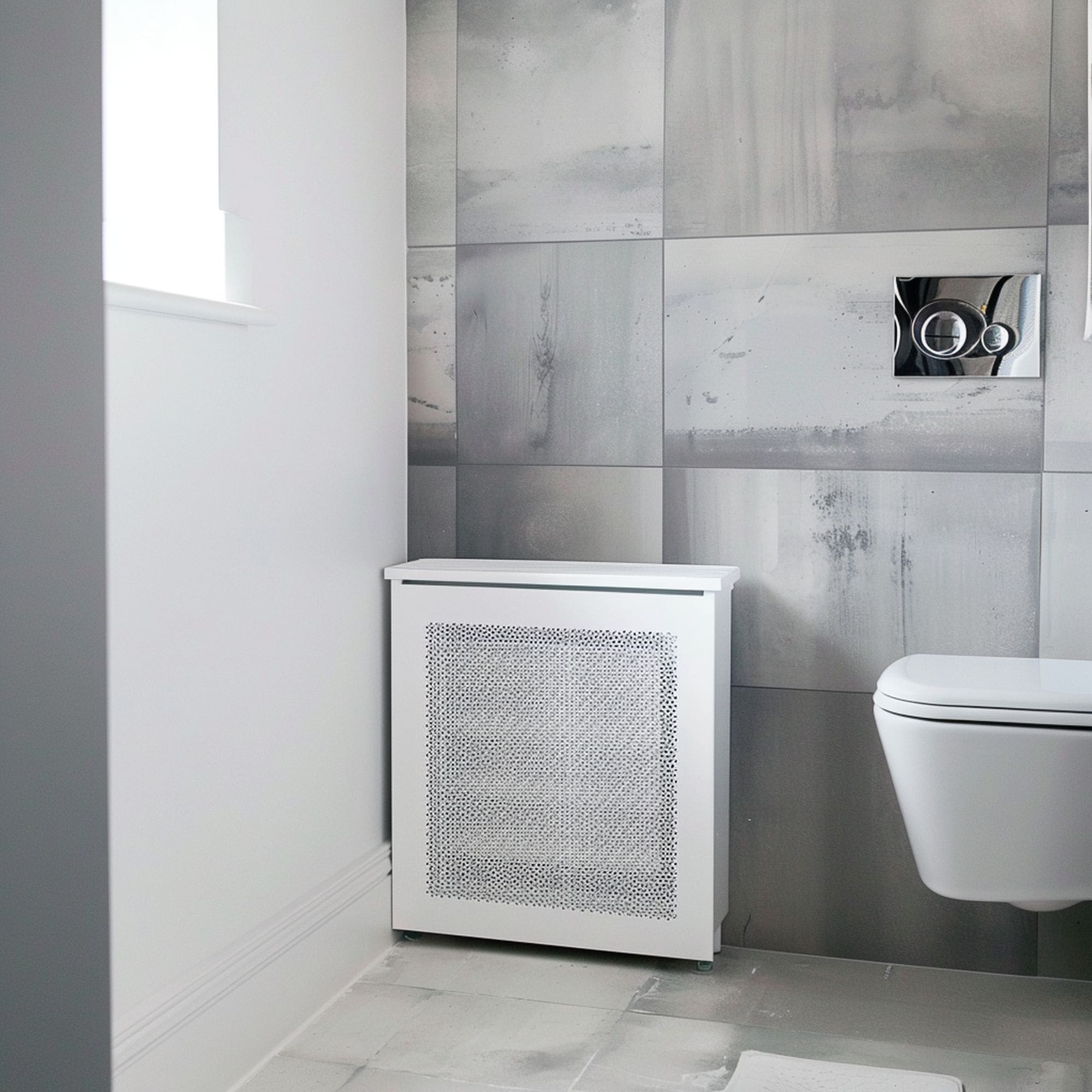 Radiator Cover Shelf in Small Bathroom