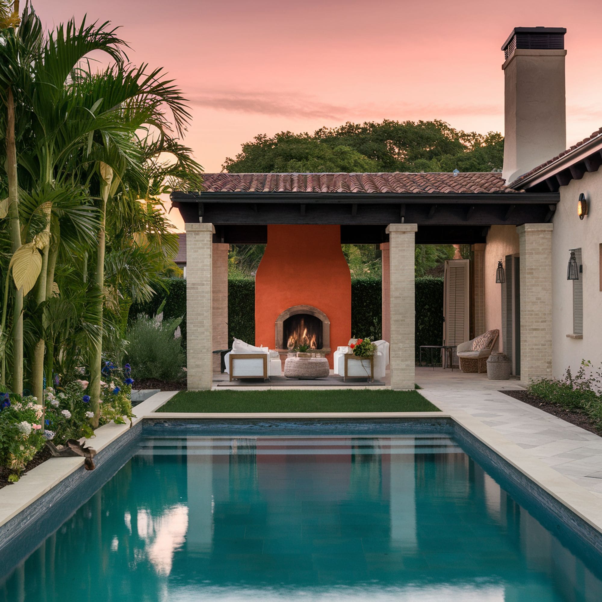 Mediterranean Pool With Fireplace