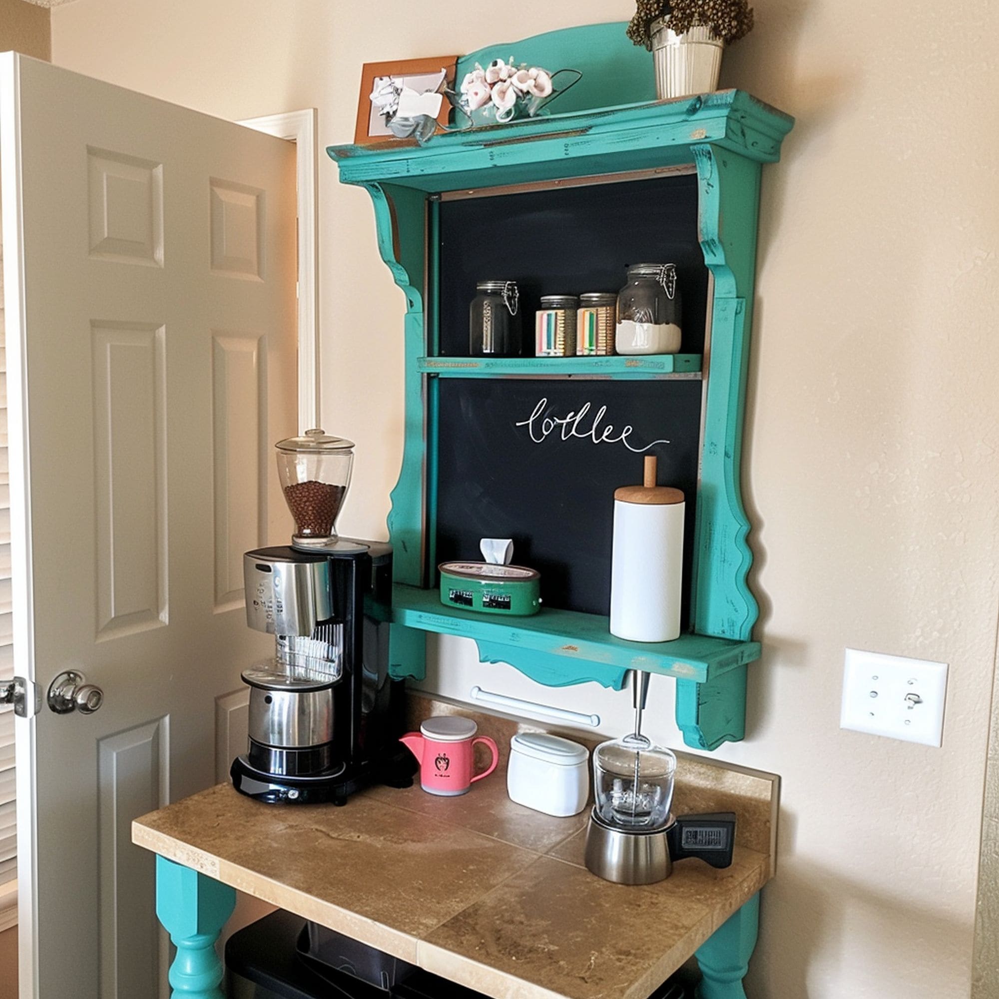 Turquoise Coffee Bar With Blackboard