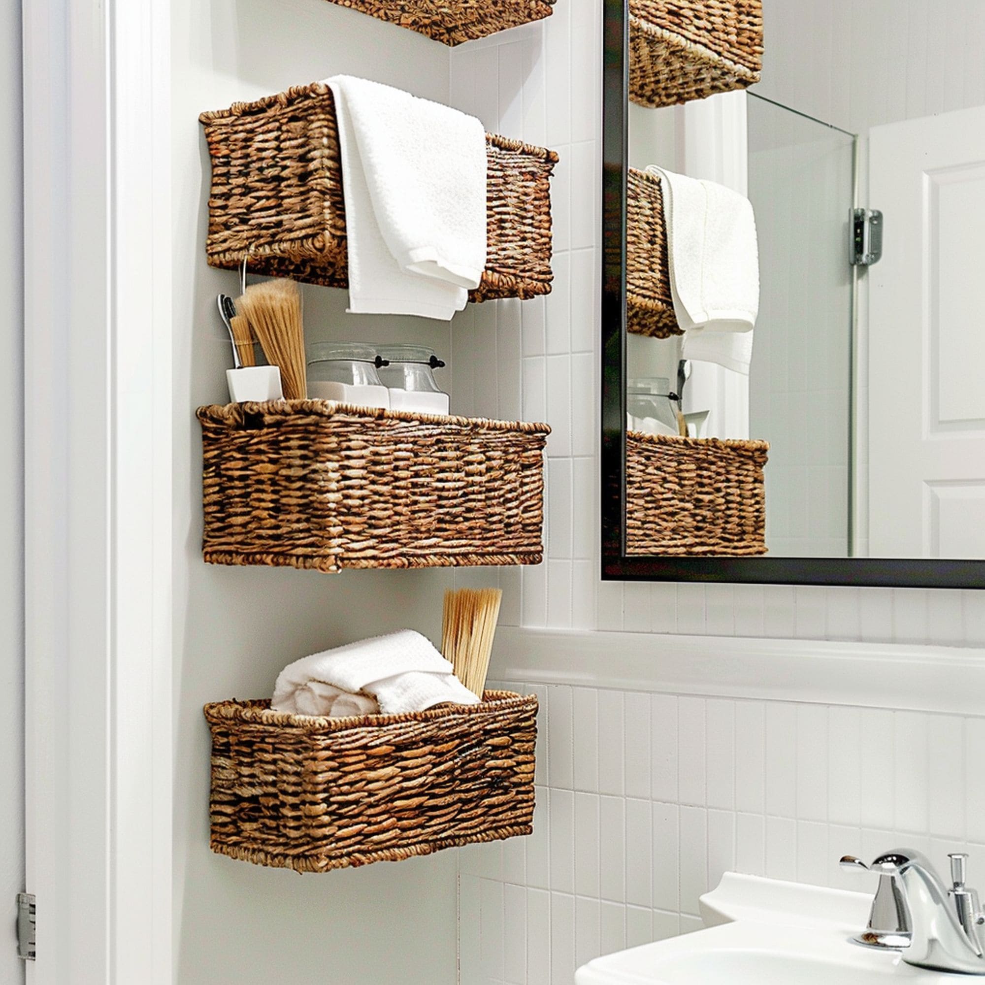 Wall Mounted Woven Baskets in Small Bathroom