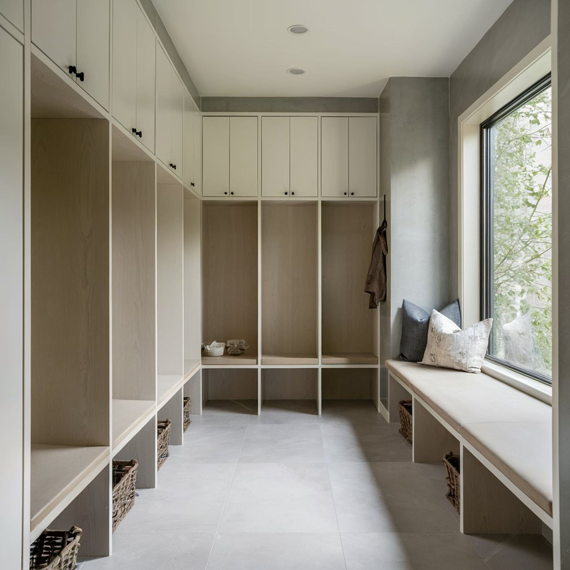 Modern Mudroom With Cubbies and Cabinets