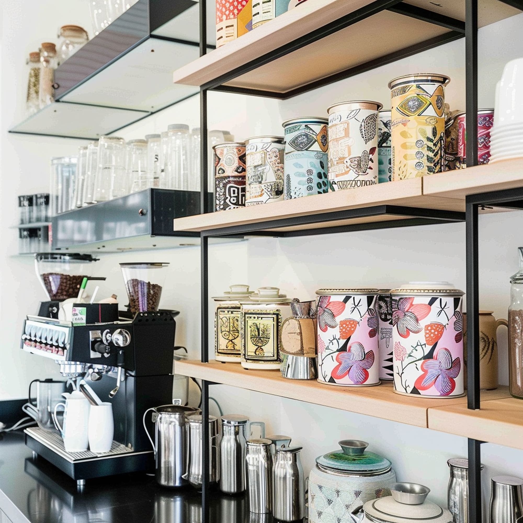 Coffee Bar With Colorful Coffee Tins