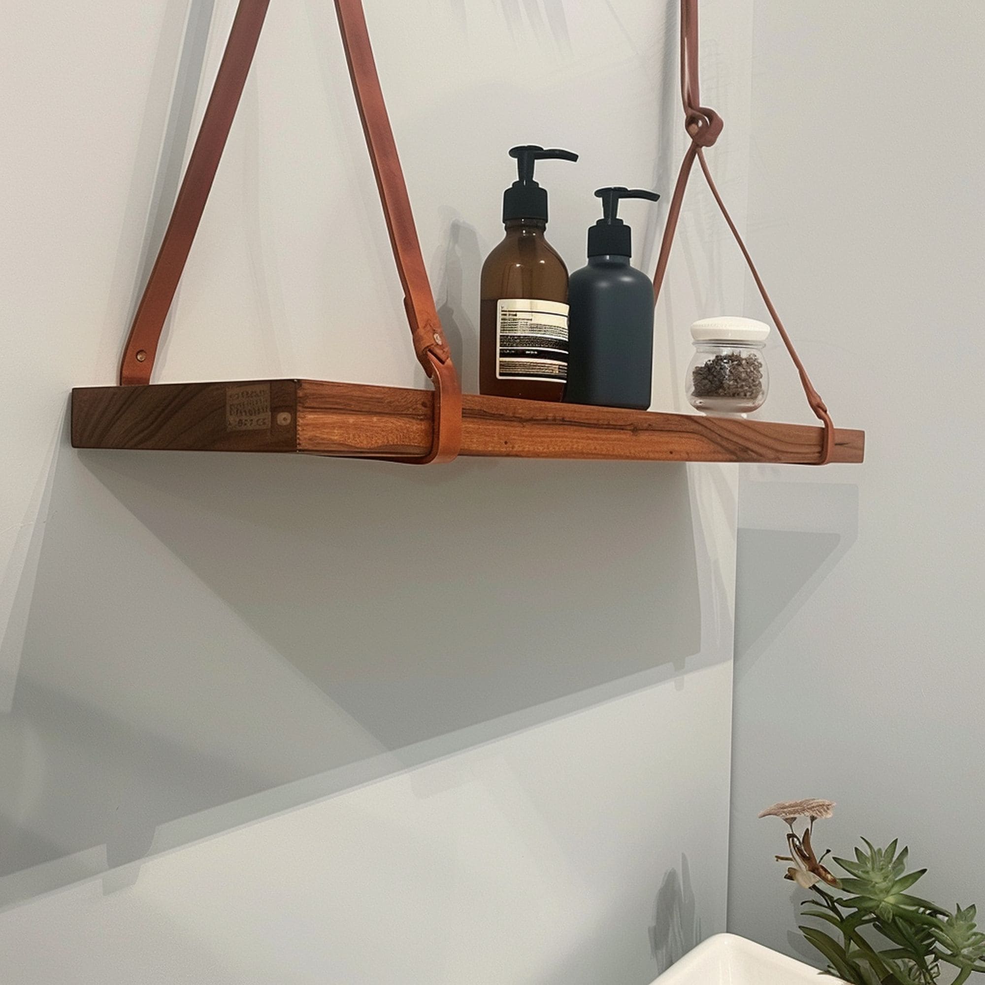 Leather Strips Shelf in Small Bathroom
