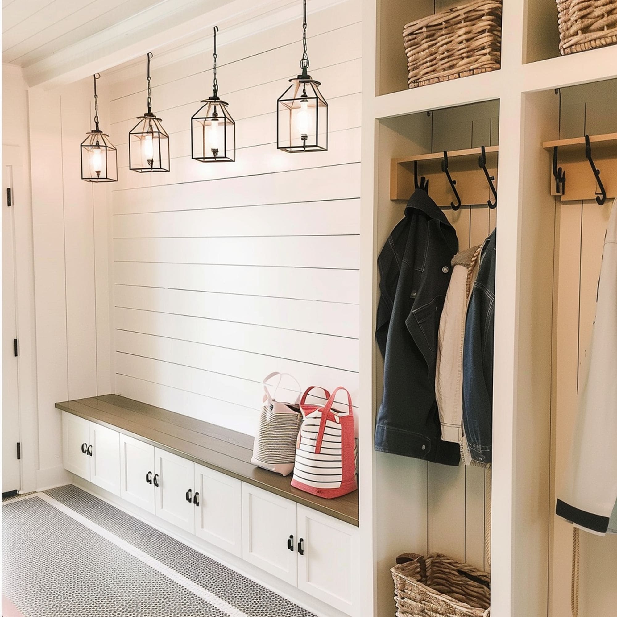 Modern Farmhouse Mudroom With Decorative Lights