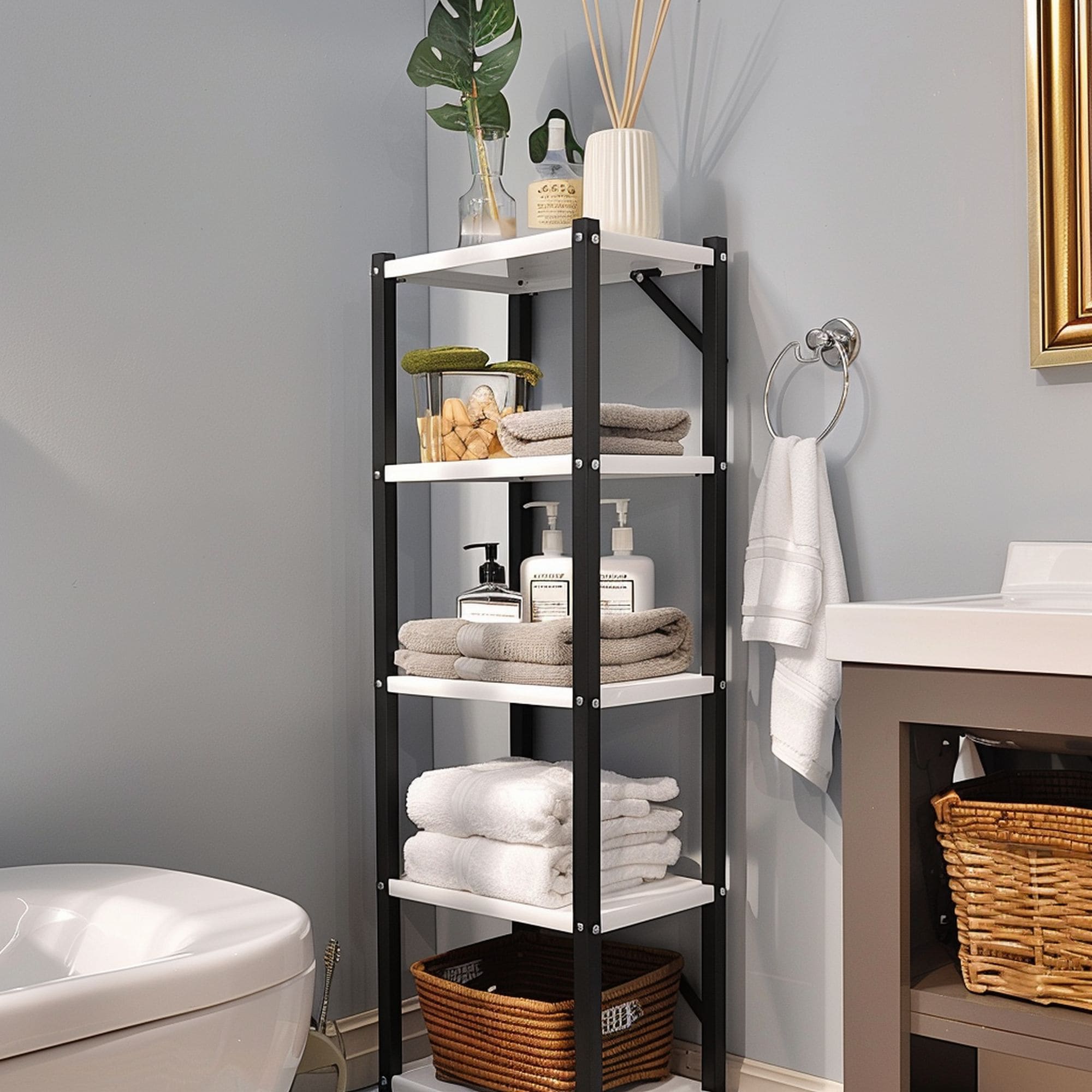 Vertical Shelving Unit in Small Bathroom