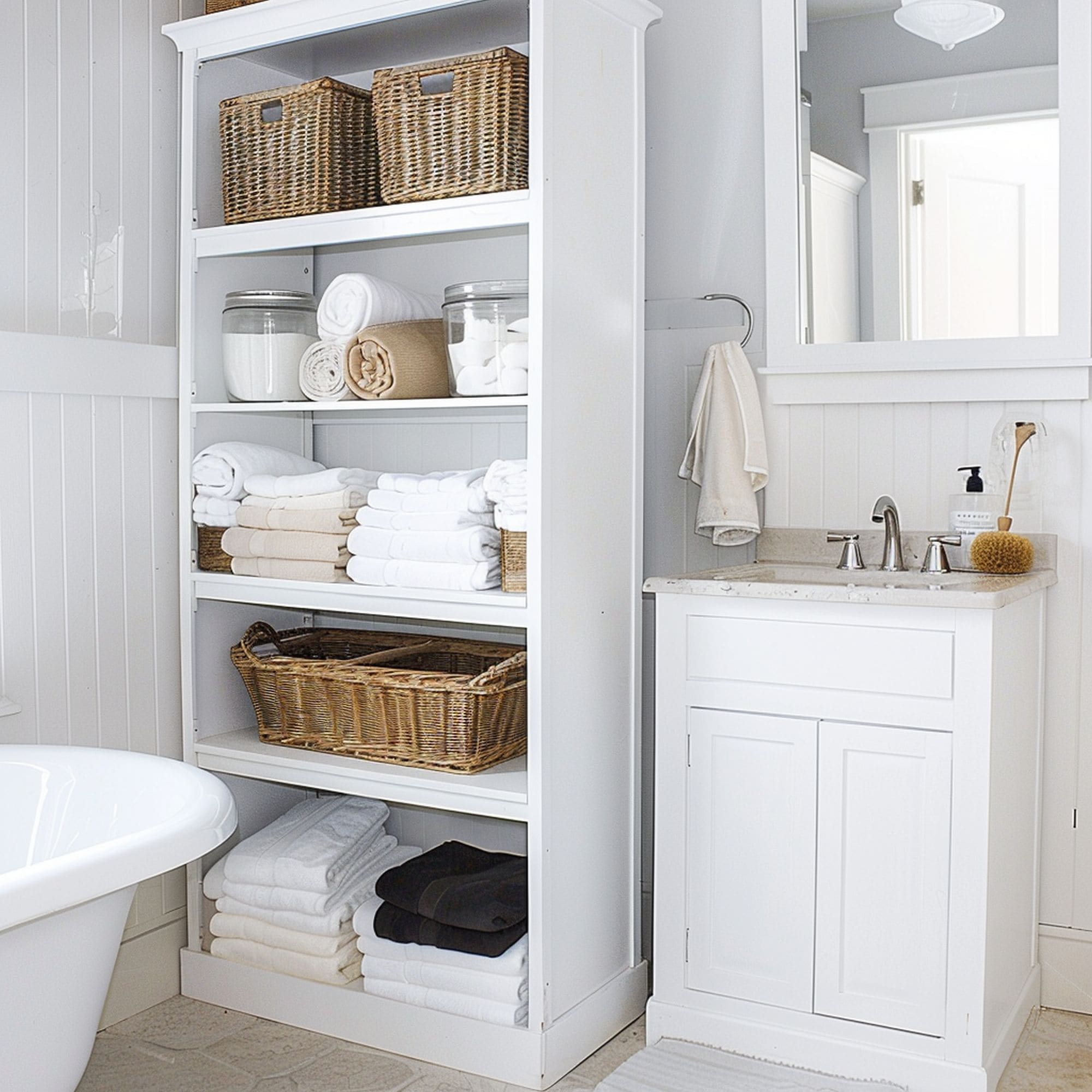 Repurposed Bookcase in Small Bathroom