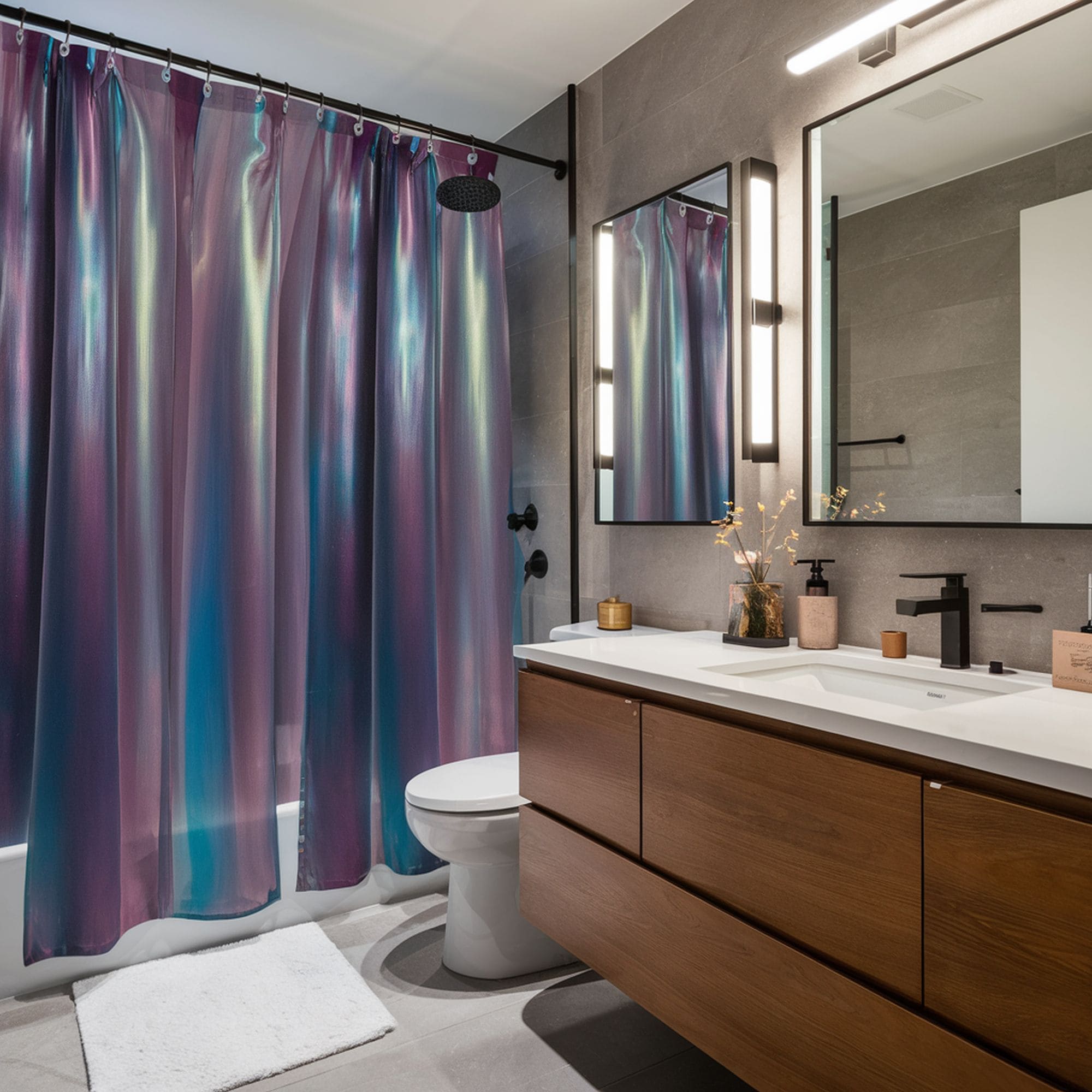 Iridescent Curtains in Modern Bathroom