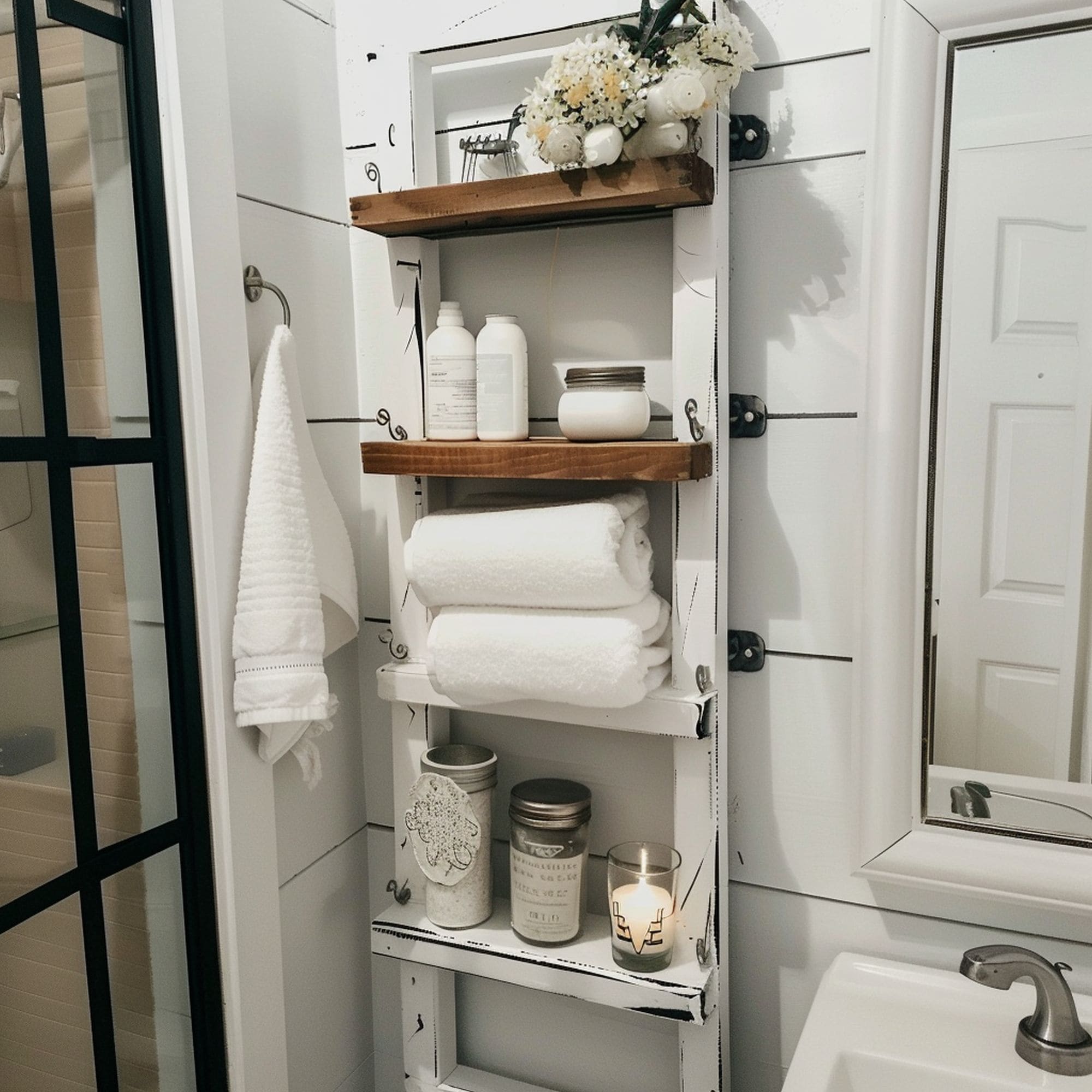 Modern Farmhouse Shelves in Small Bathroom