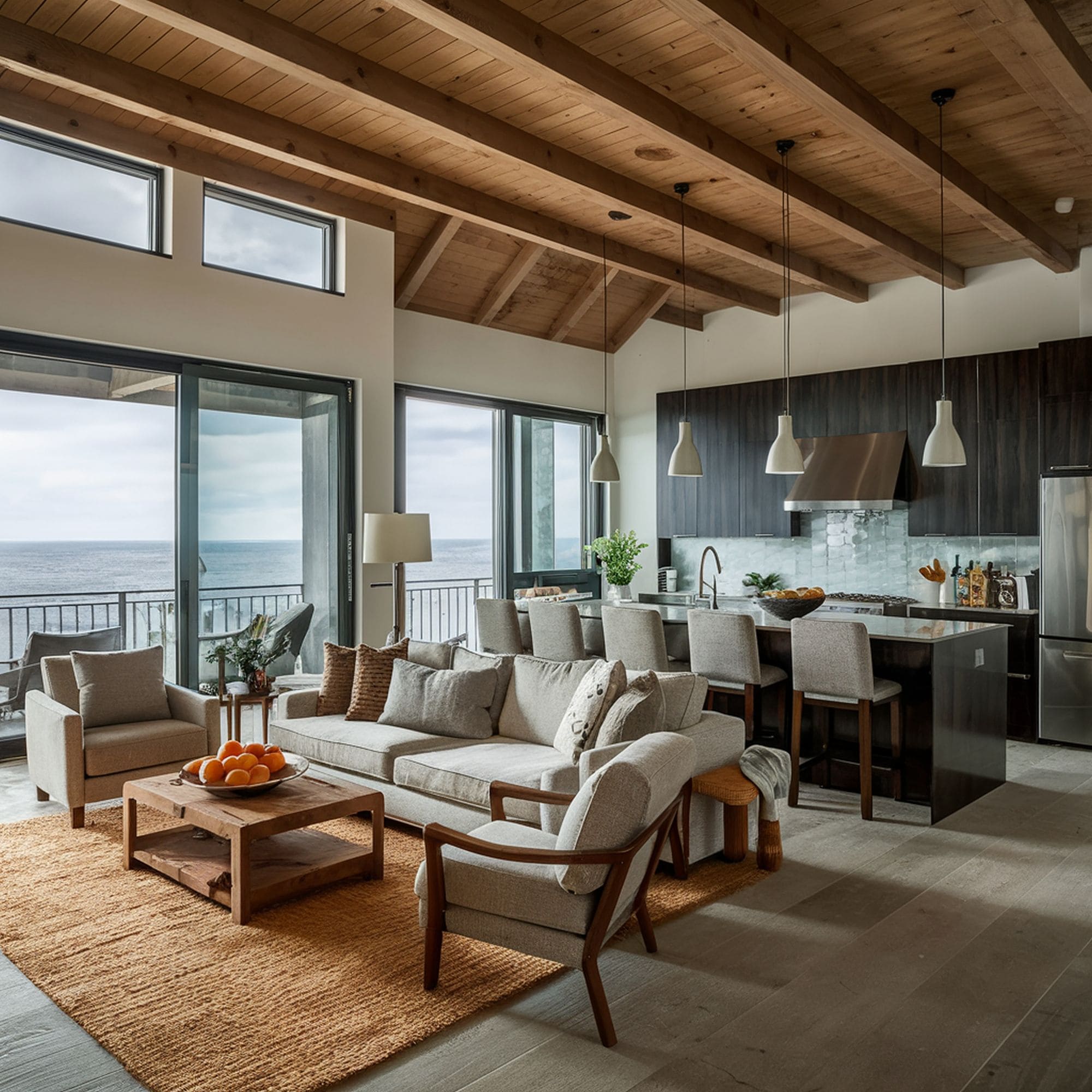 Open Concept Living Room With Black Kitchen