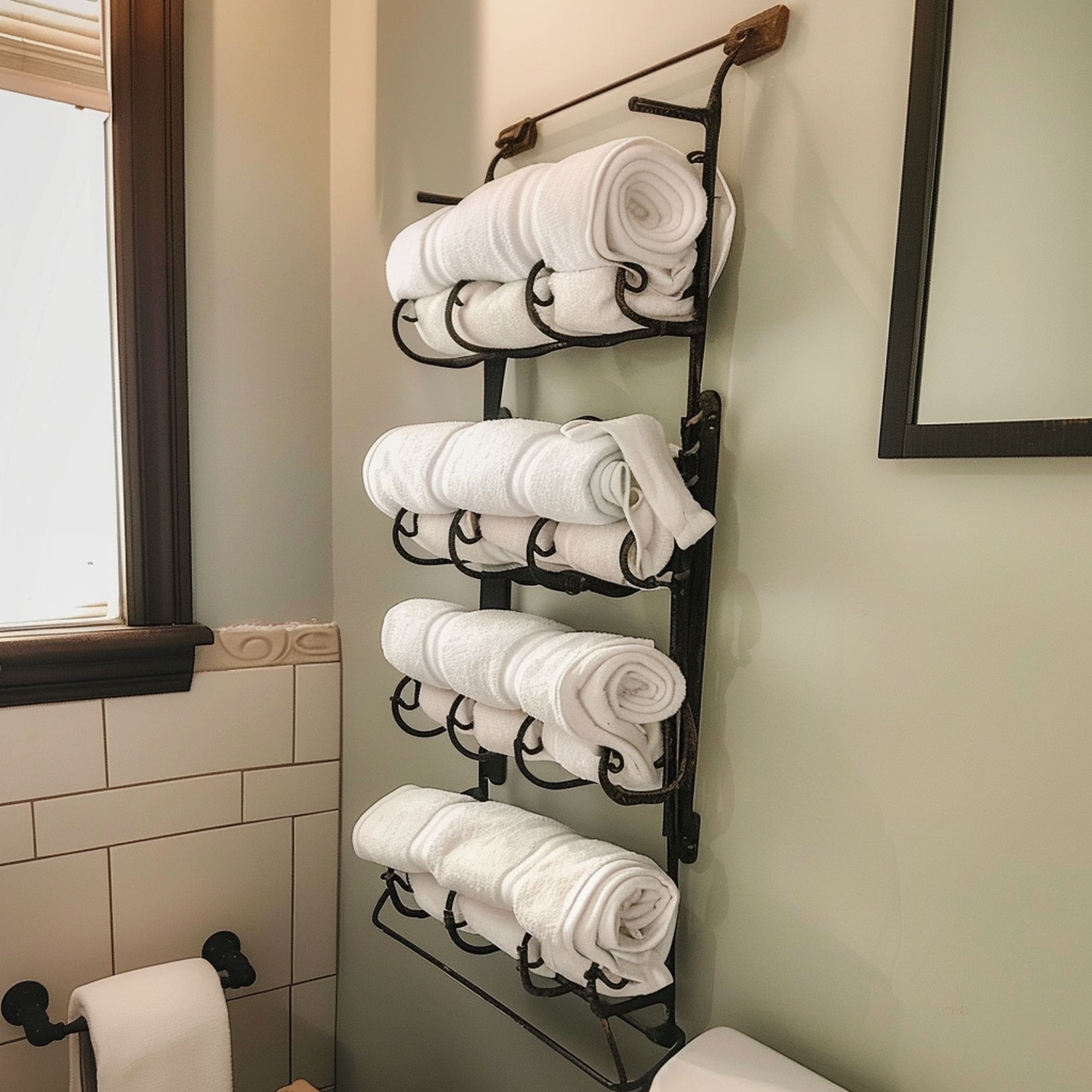 Repurposed Wine Holder in Small Bathroom