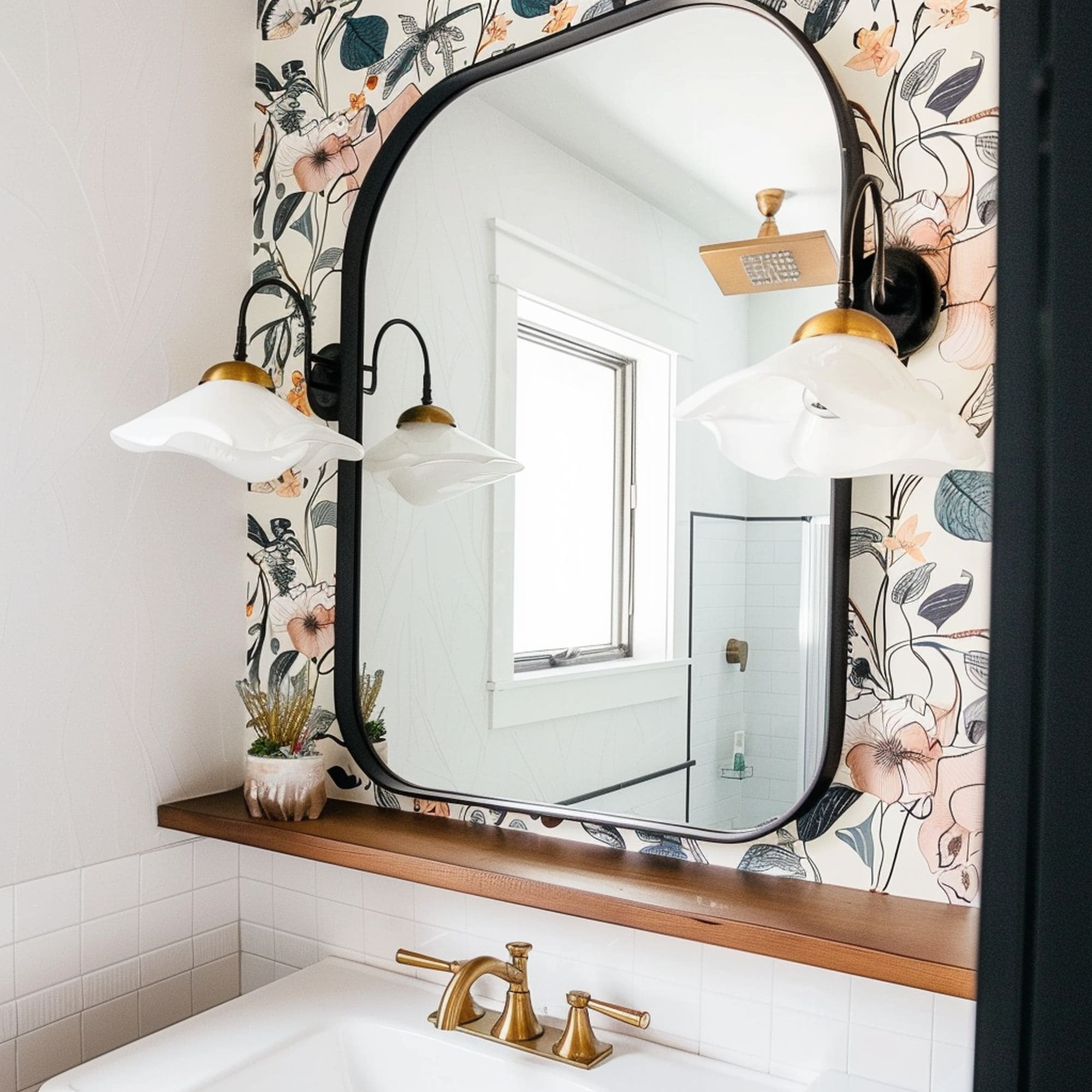 Thin Mirror Shelf in Small Bathroom