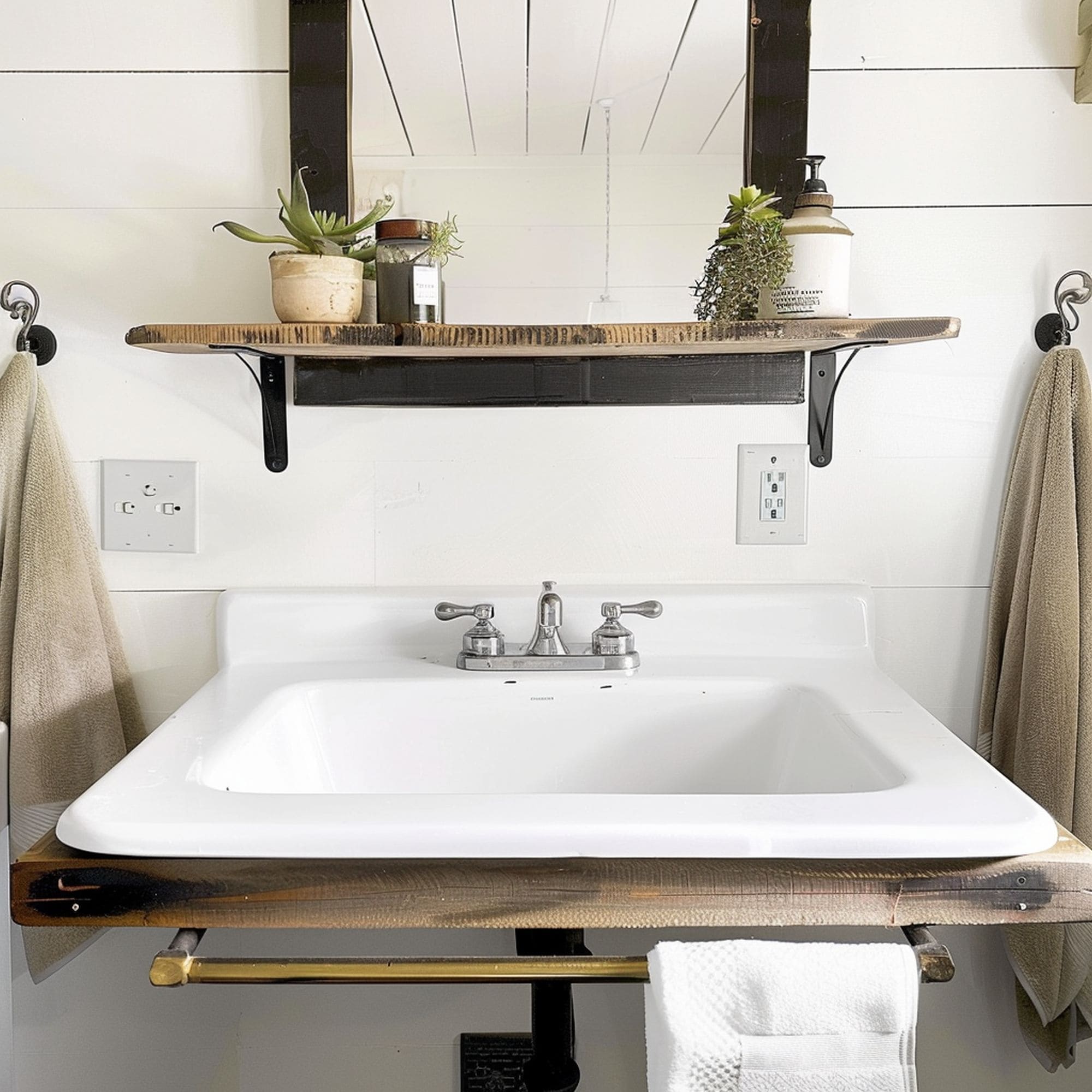 Rustic Shelf Below the Mirror in Small Bathroom