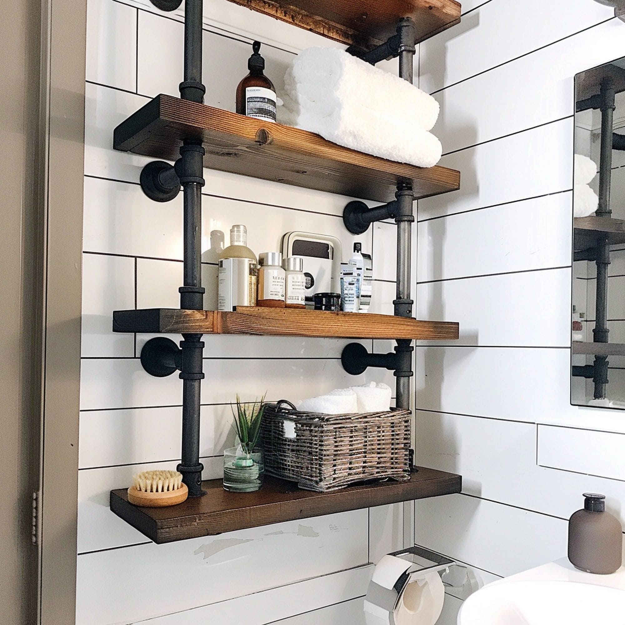 Industrial Shelves in Small Bathroom