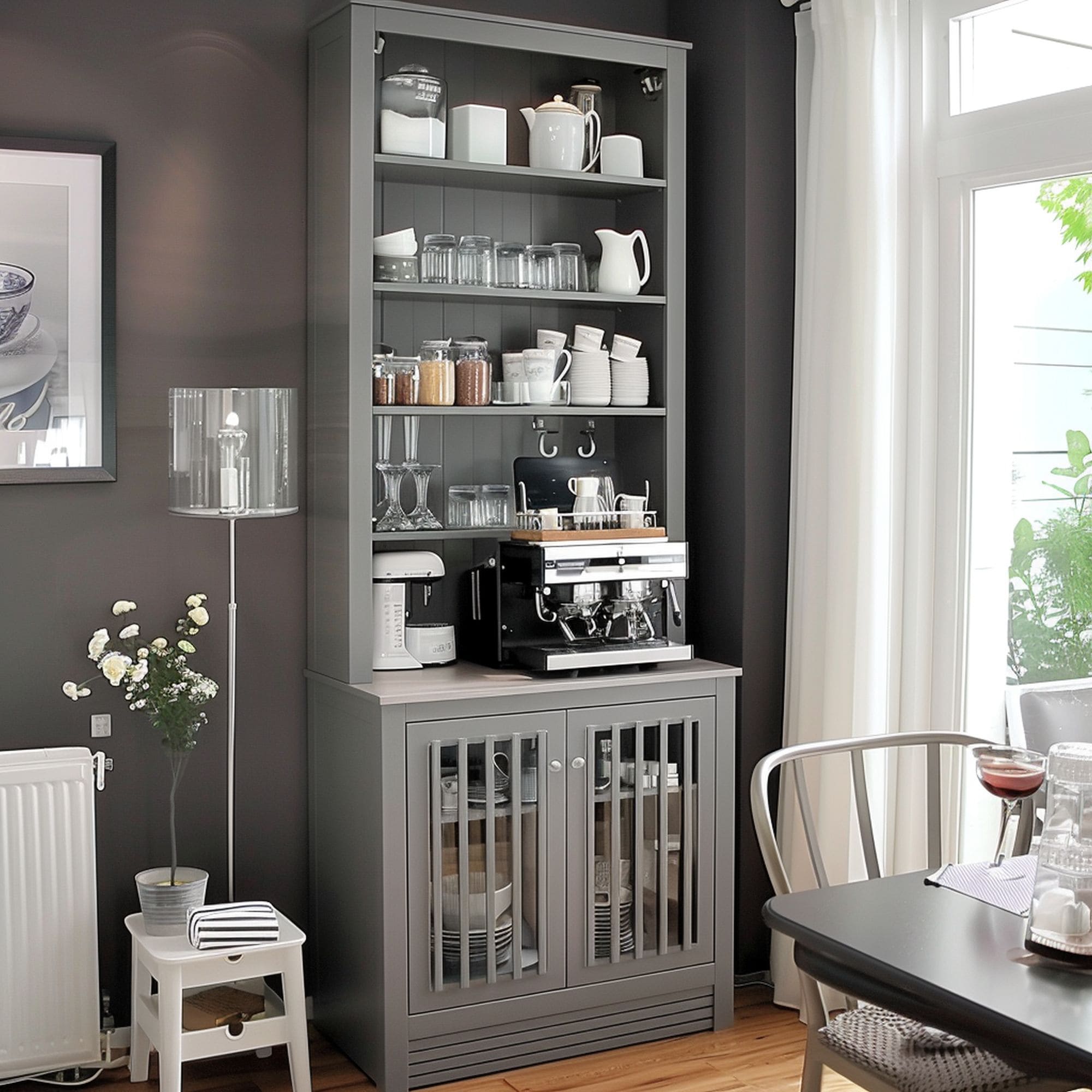 Gray Coffee Bar With Multiple Shelves