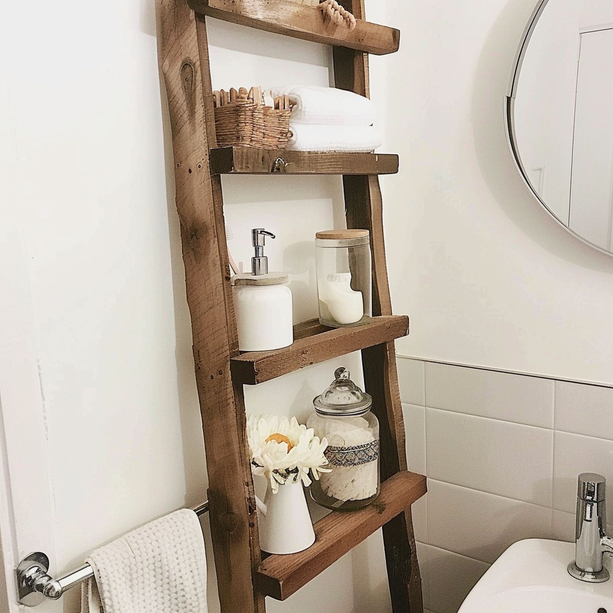 Ladder Shelves in Small Bathroom
