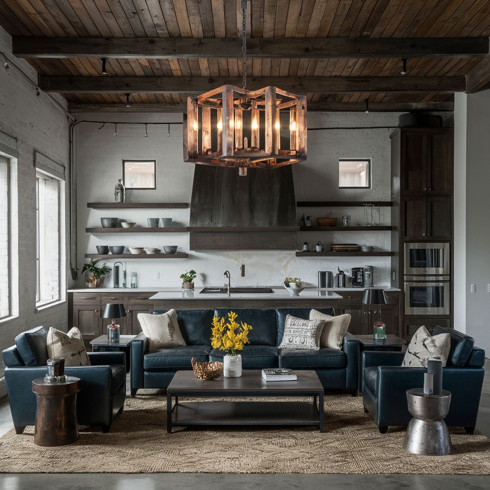 Open Concept Living Room With Rustic Light Fixture
