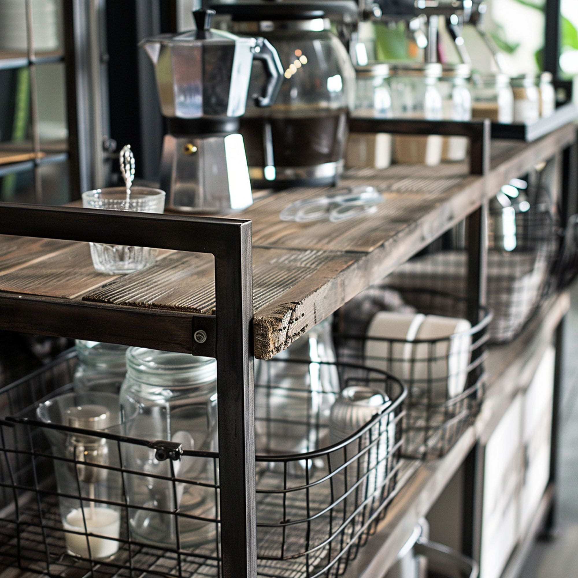Industrial Coffee Bar With Wire Baskets