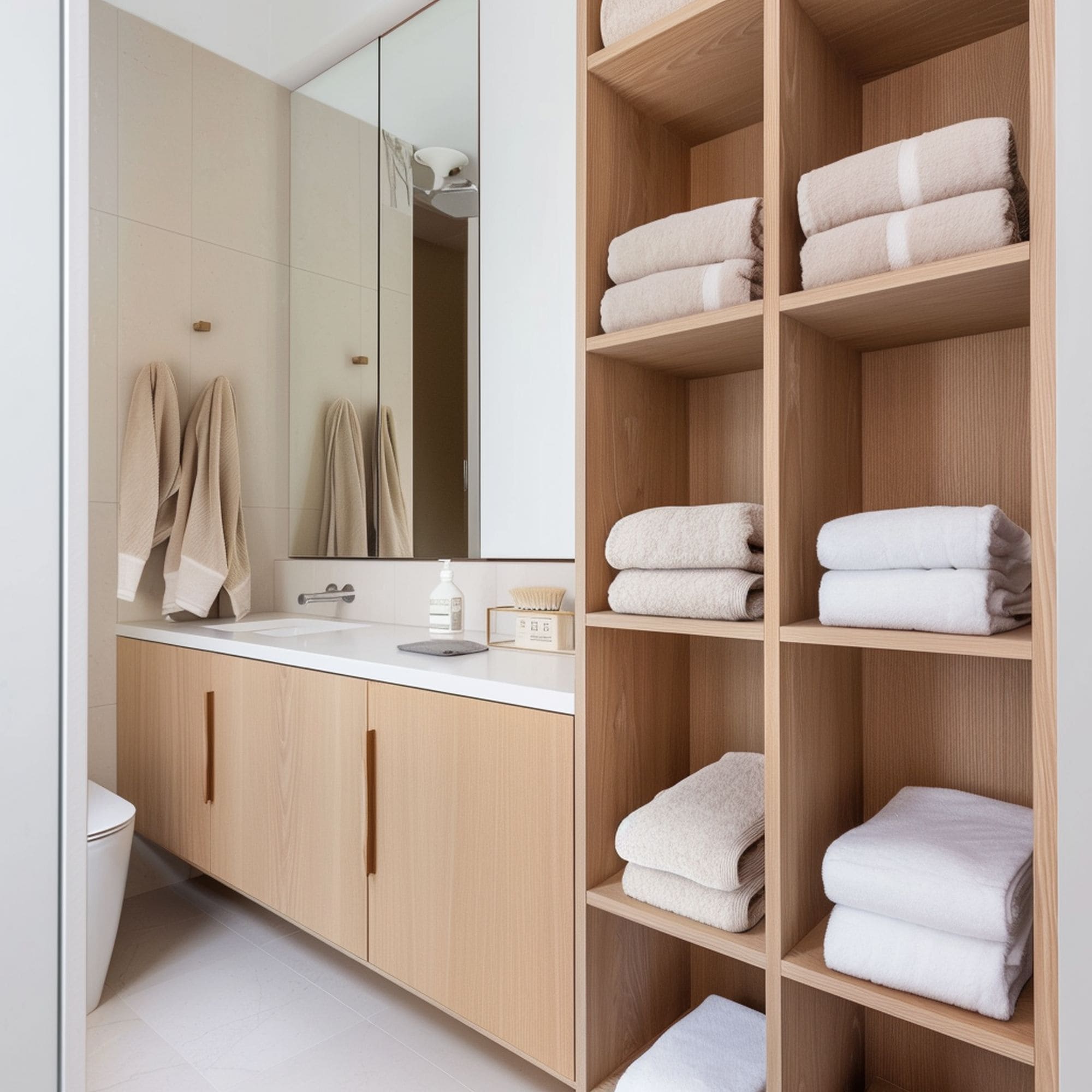 Wood Shelves in Small Bathroom
