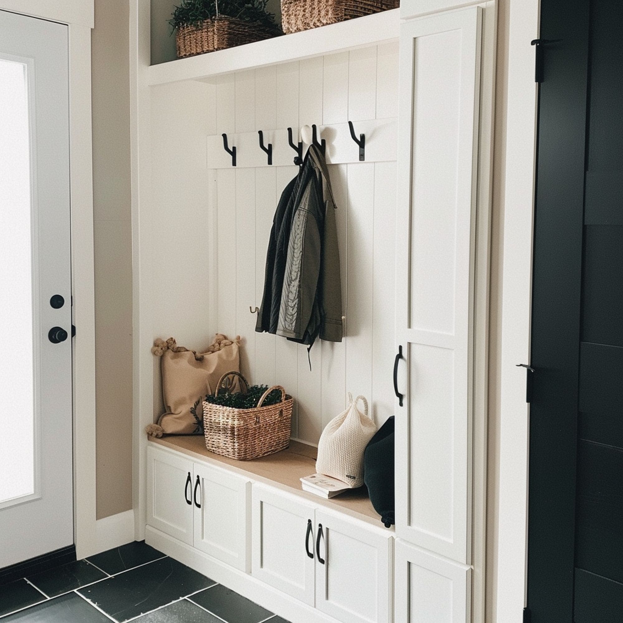 White Mudroom With Tile Floor