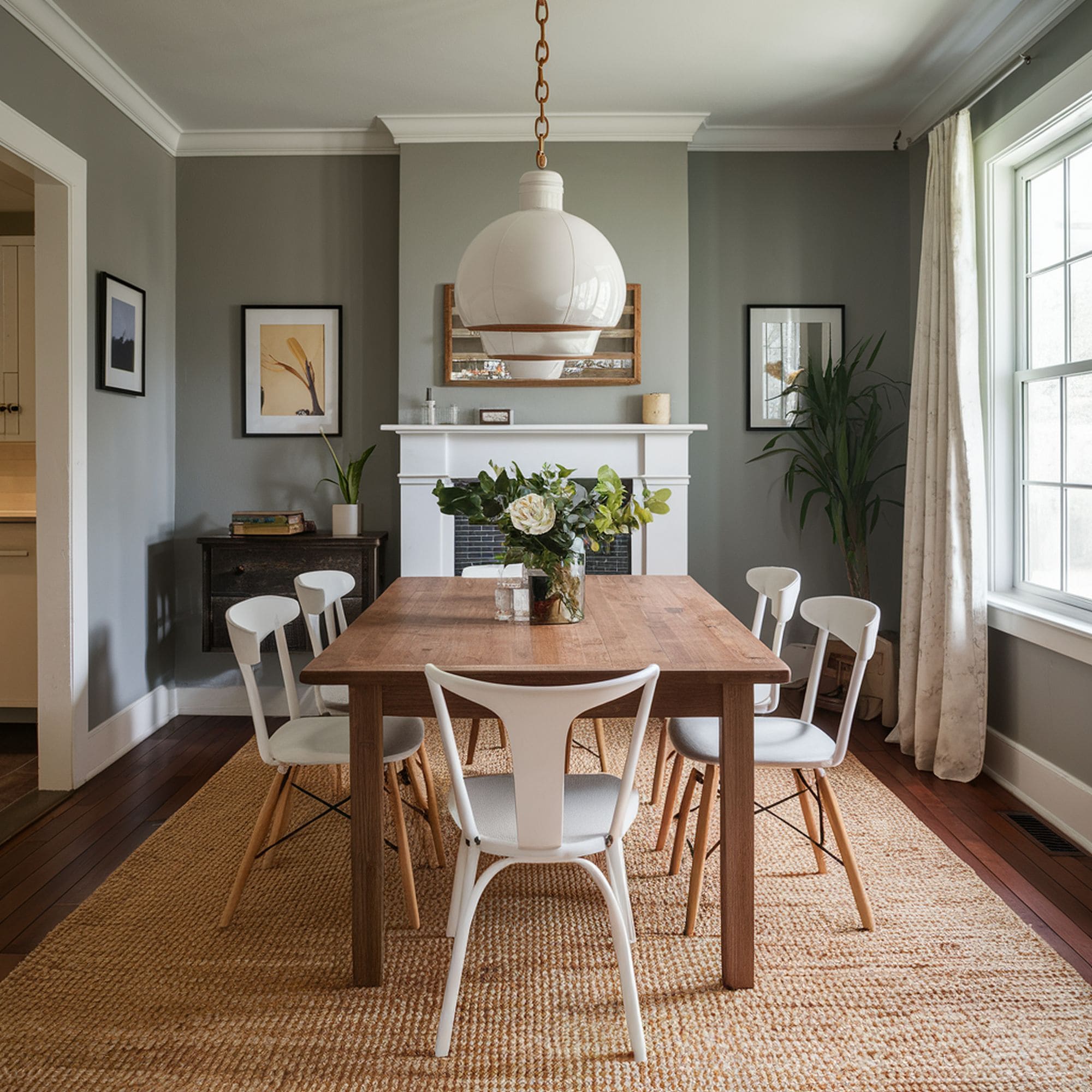 Gray Dining Room With White Chairs and Wood Table