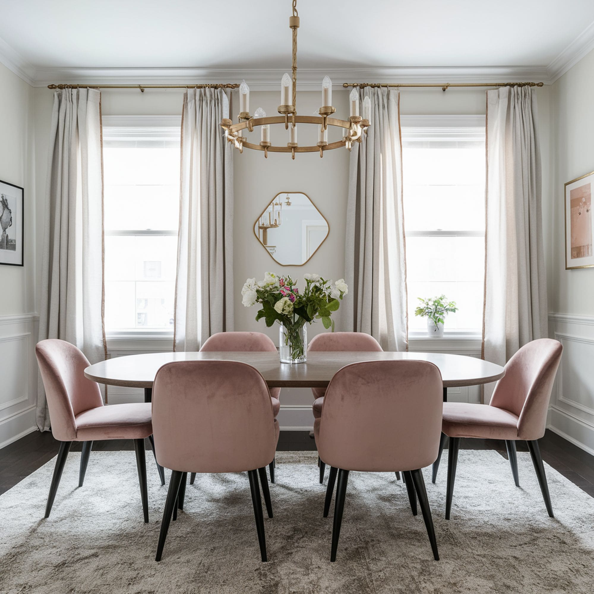 Gray Dining Room With Pink Chairs