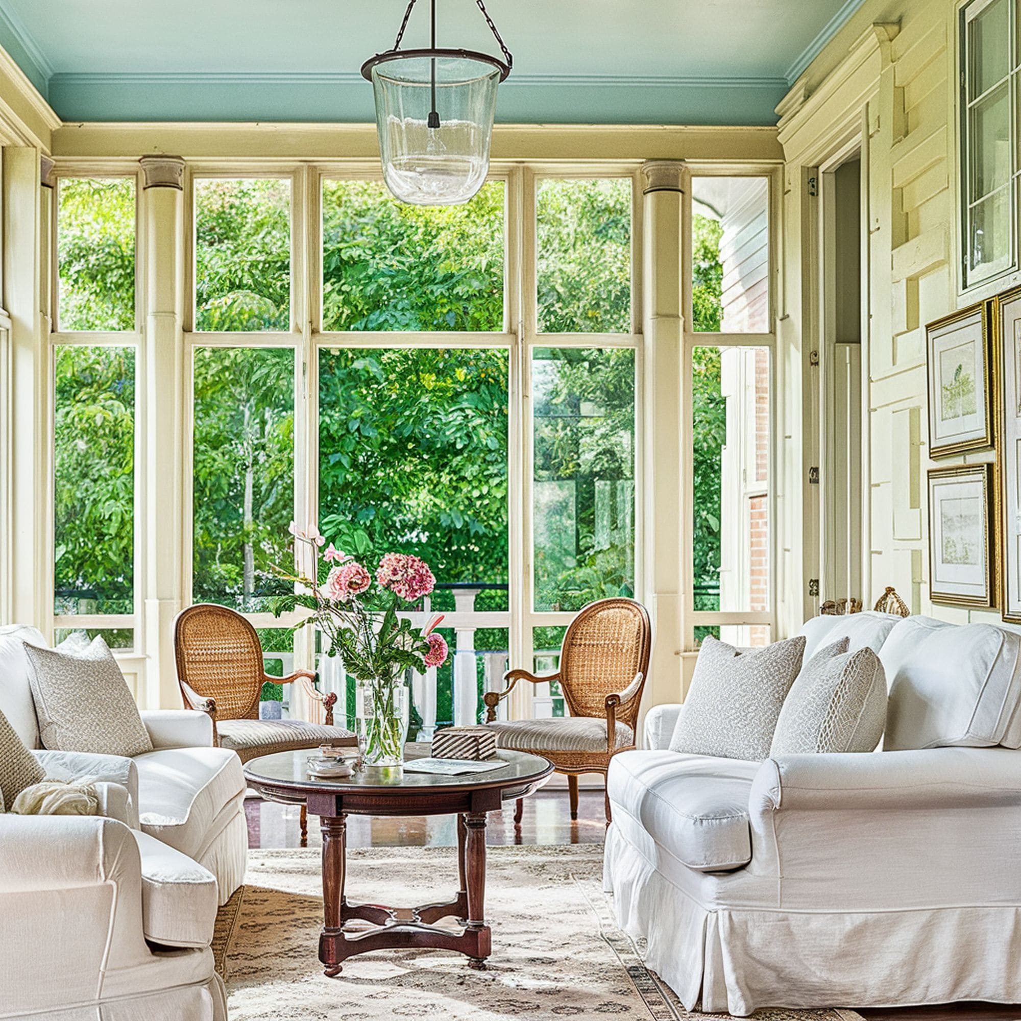 Traditional Sunroom With Painted Ceiling