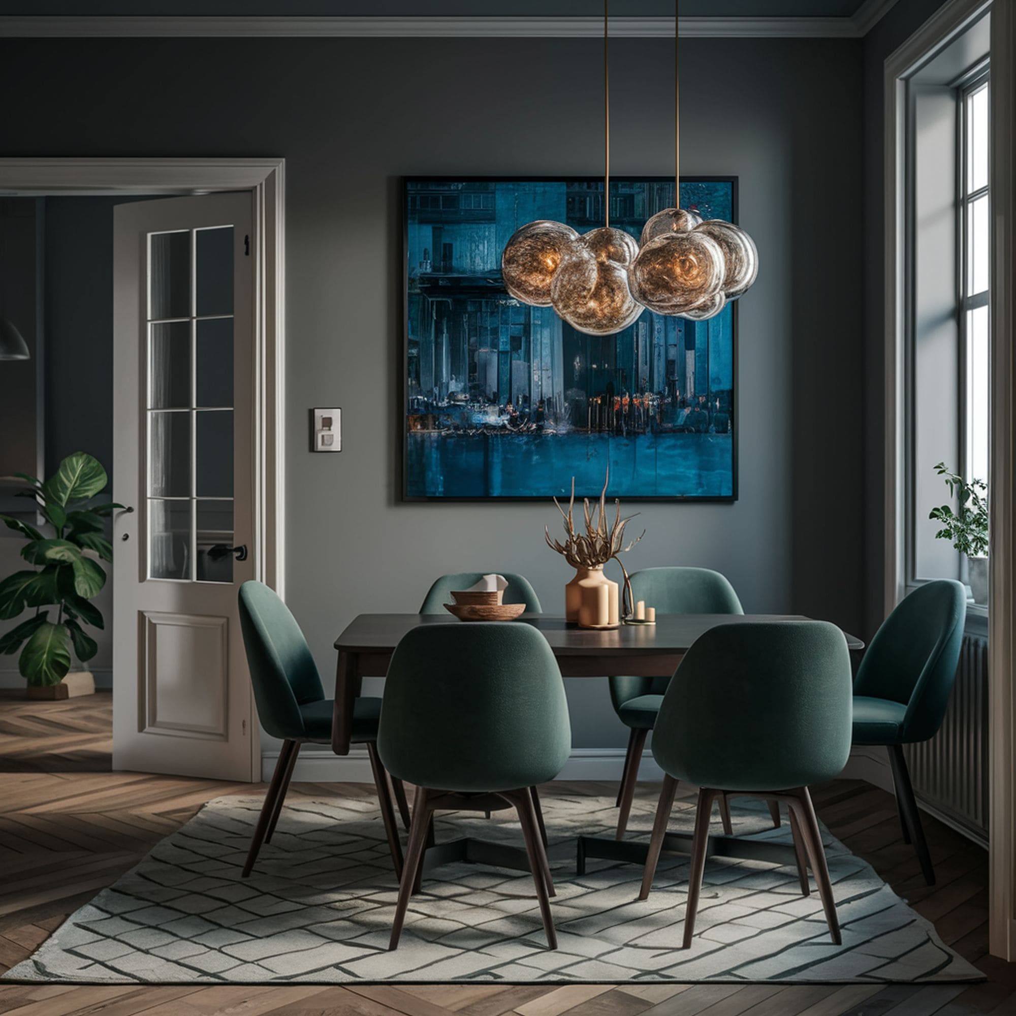 Gray Dining Room With Green Chairs