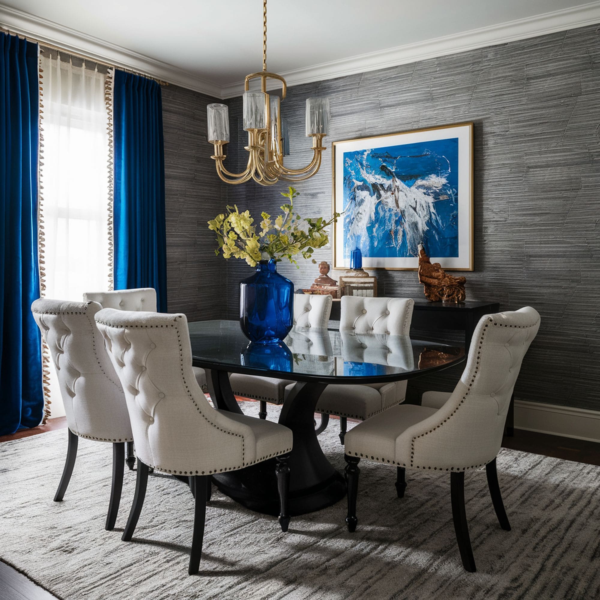 Gray Dining Room With Royal Blue Curtains