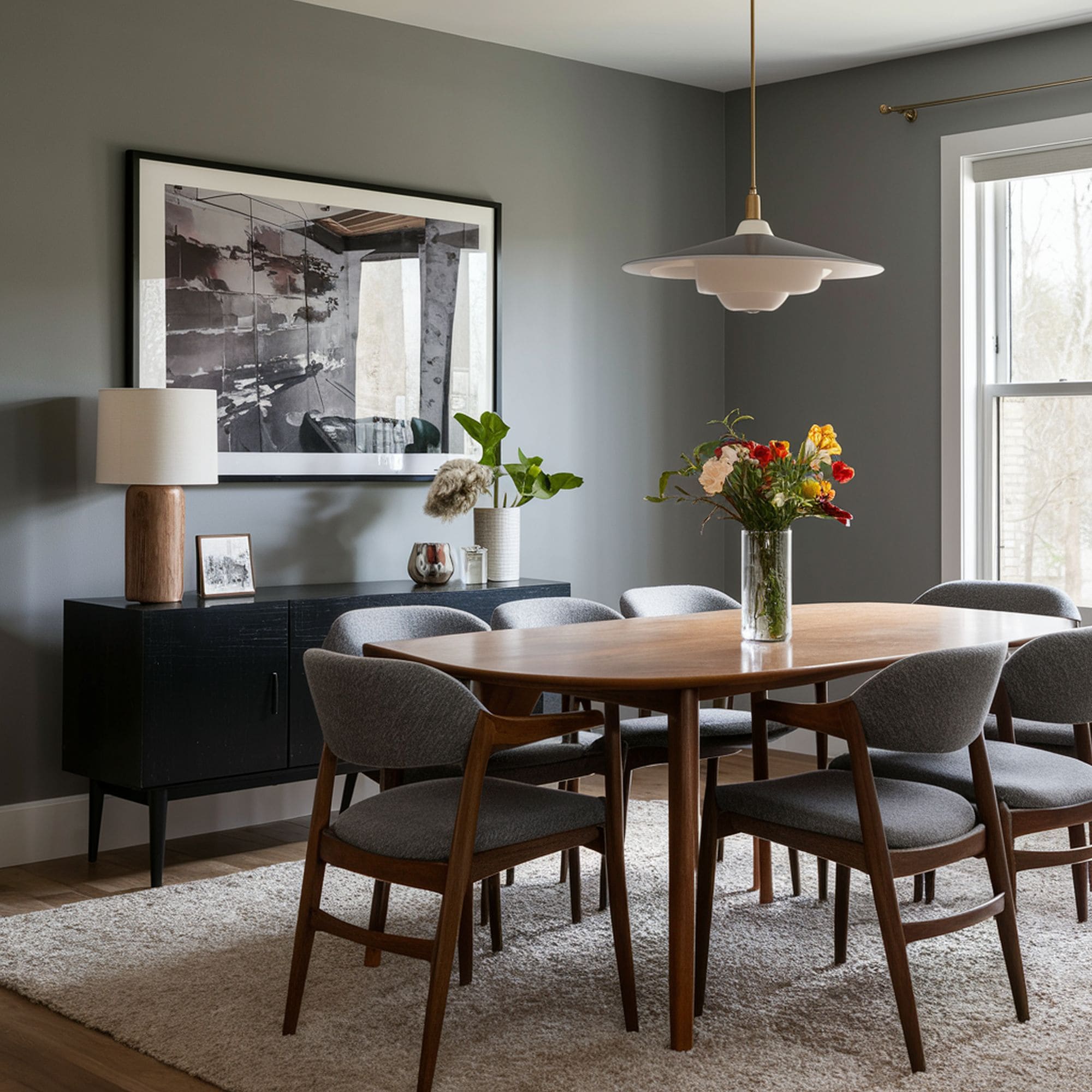 Gray Dining Room With Mid Century Modern Furniture