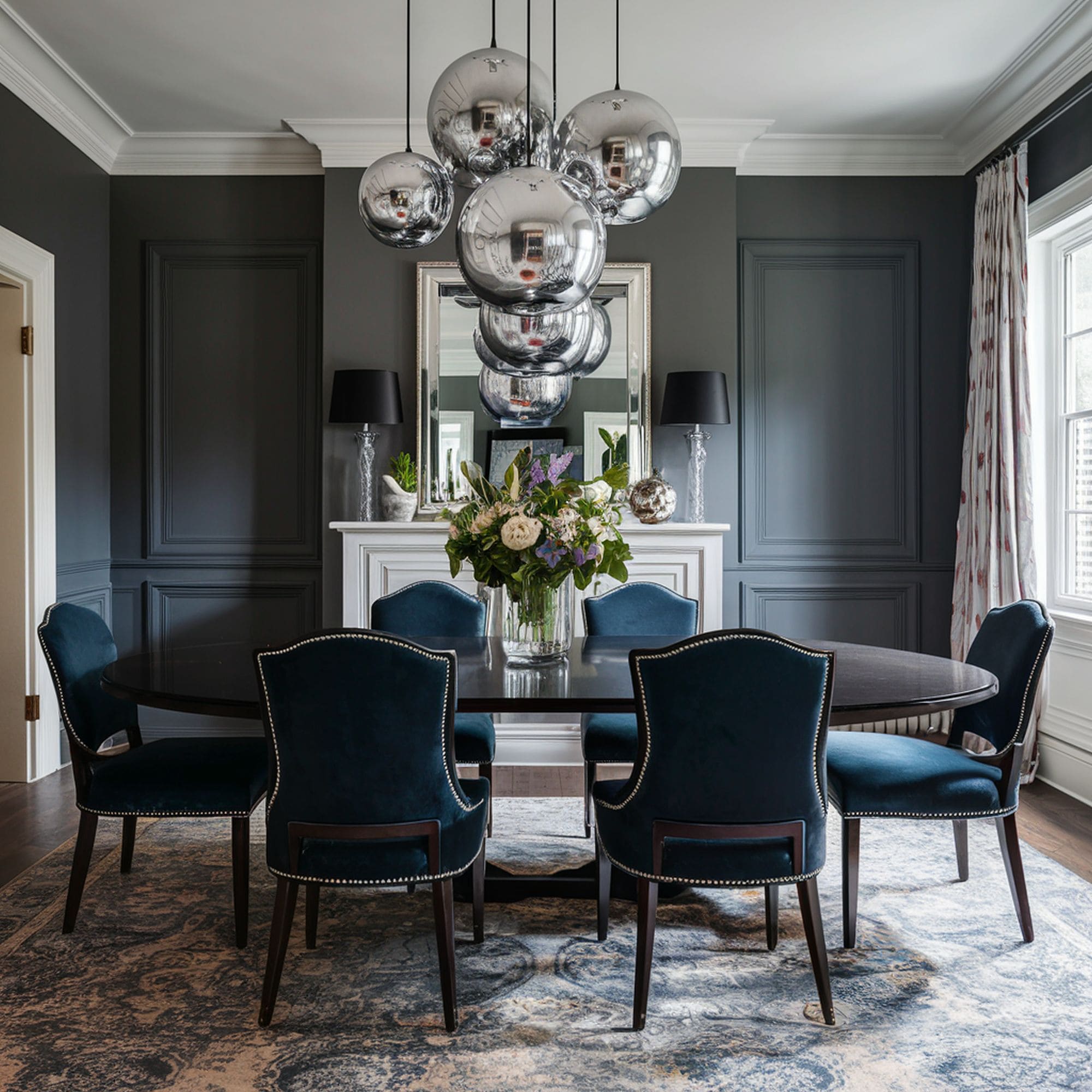 Gray Dining Room With Stylish Pendant Light