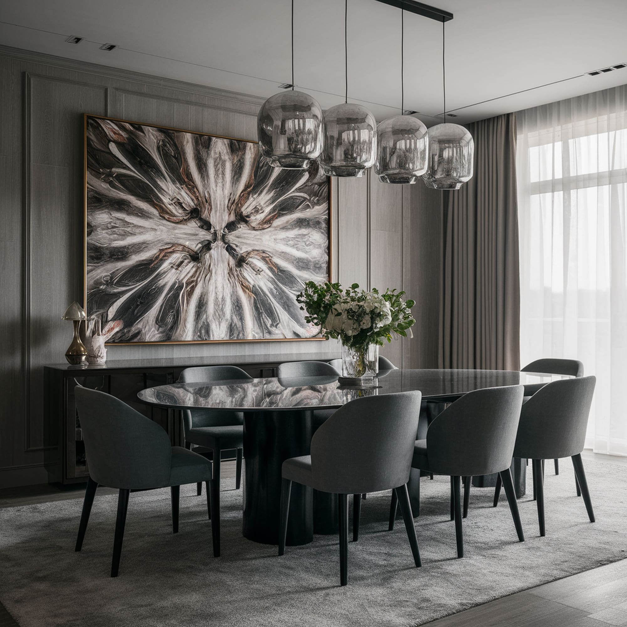 Gray Dining Room With Abstract Artwork