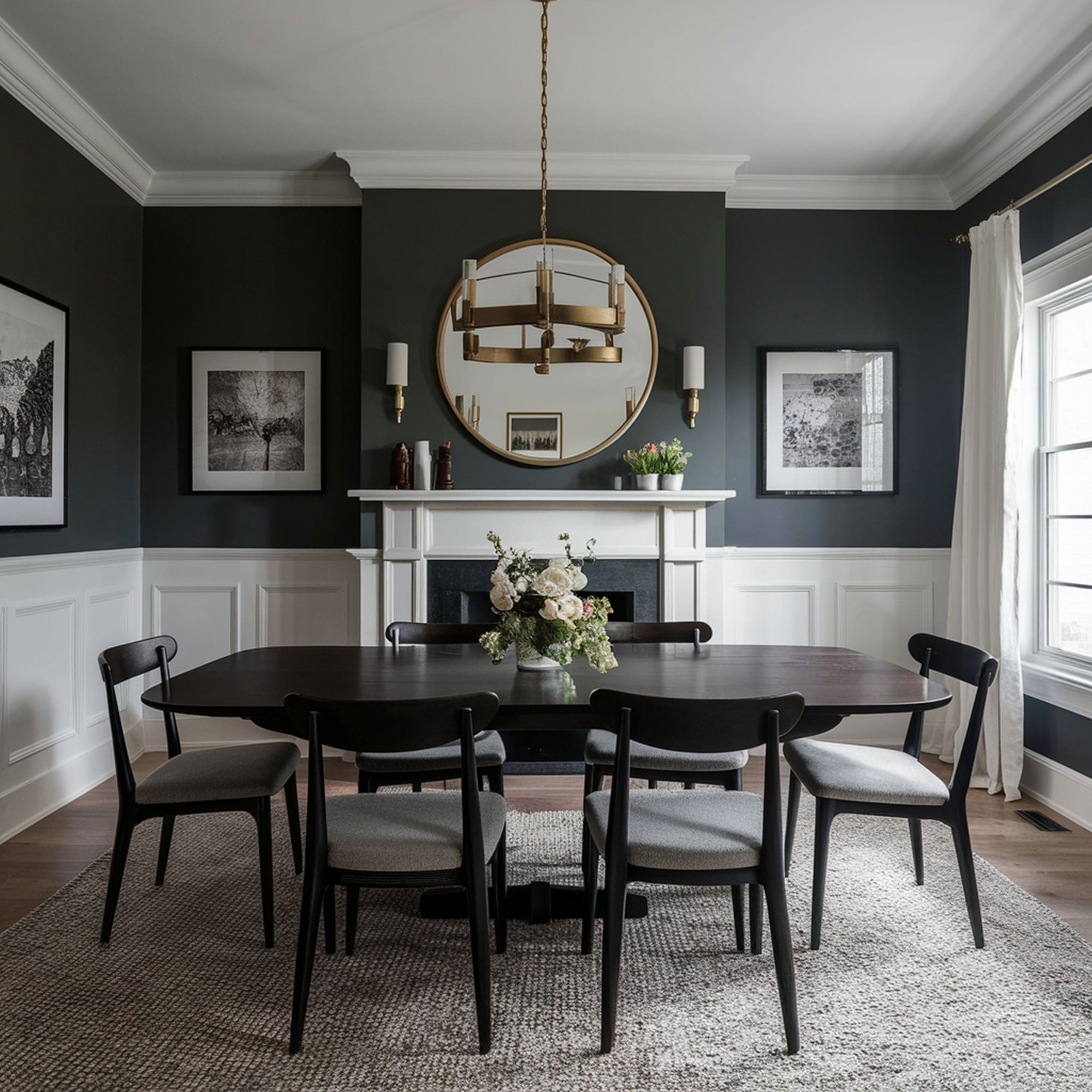 Gray Dining Room With White Wainscoting