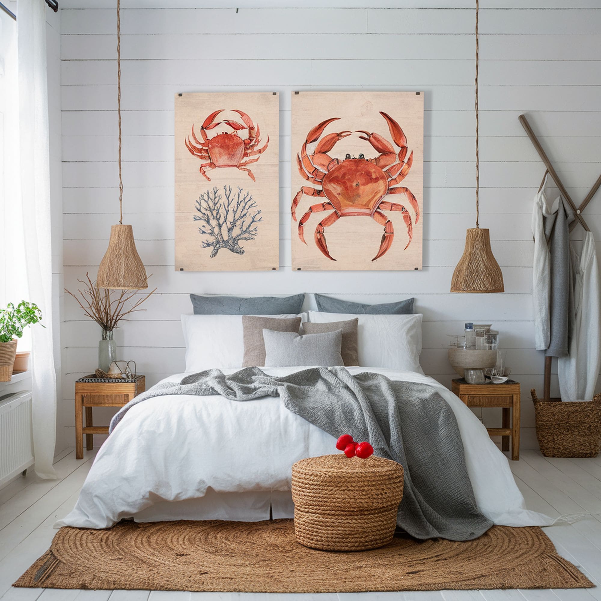 Beach Inspired Bedroom With Crab Artwork