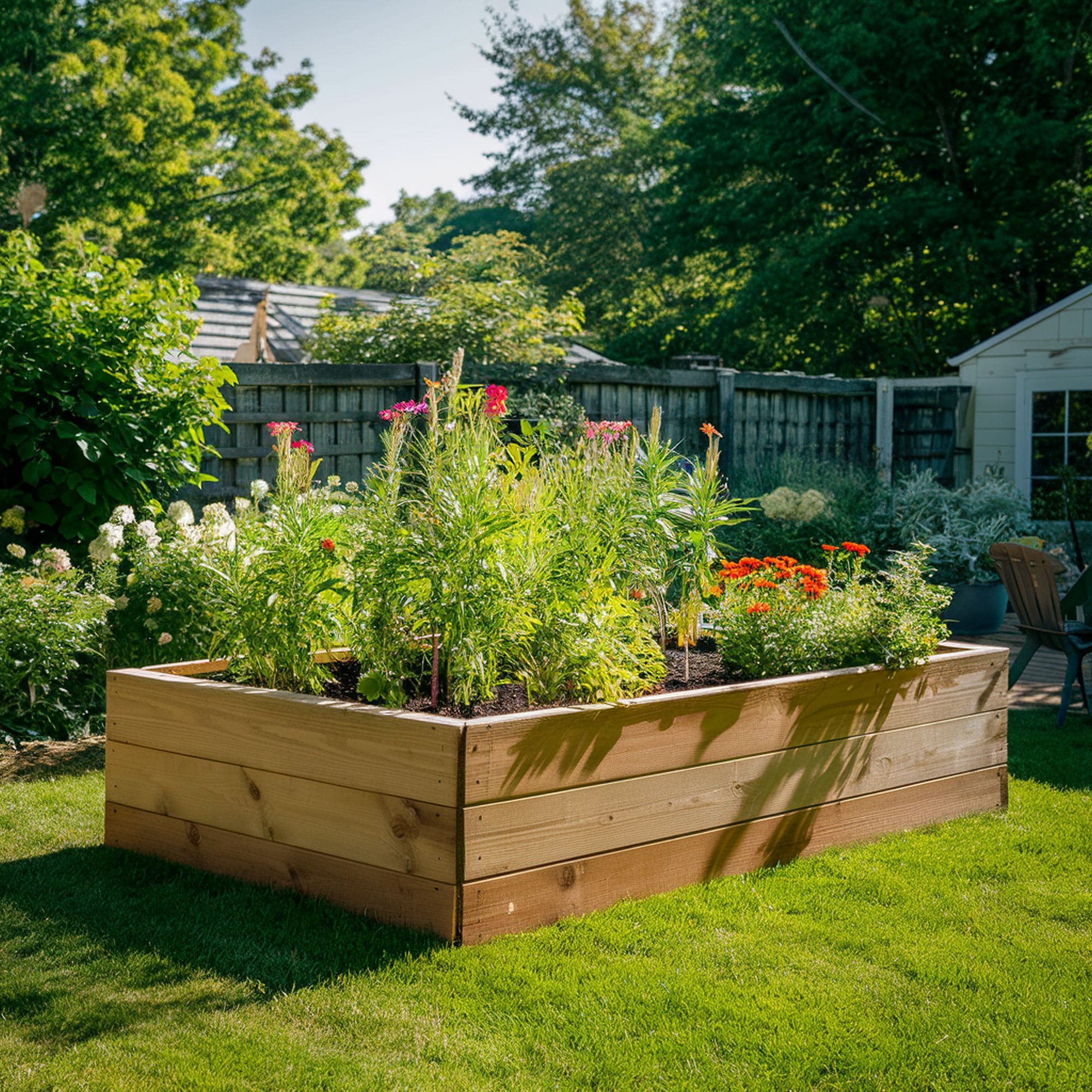 Wooden Raised Bed in Sunny Garden