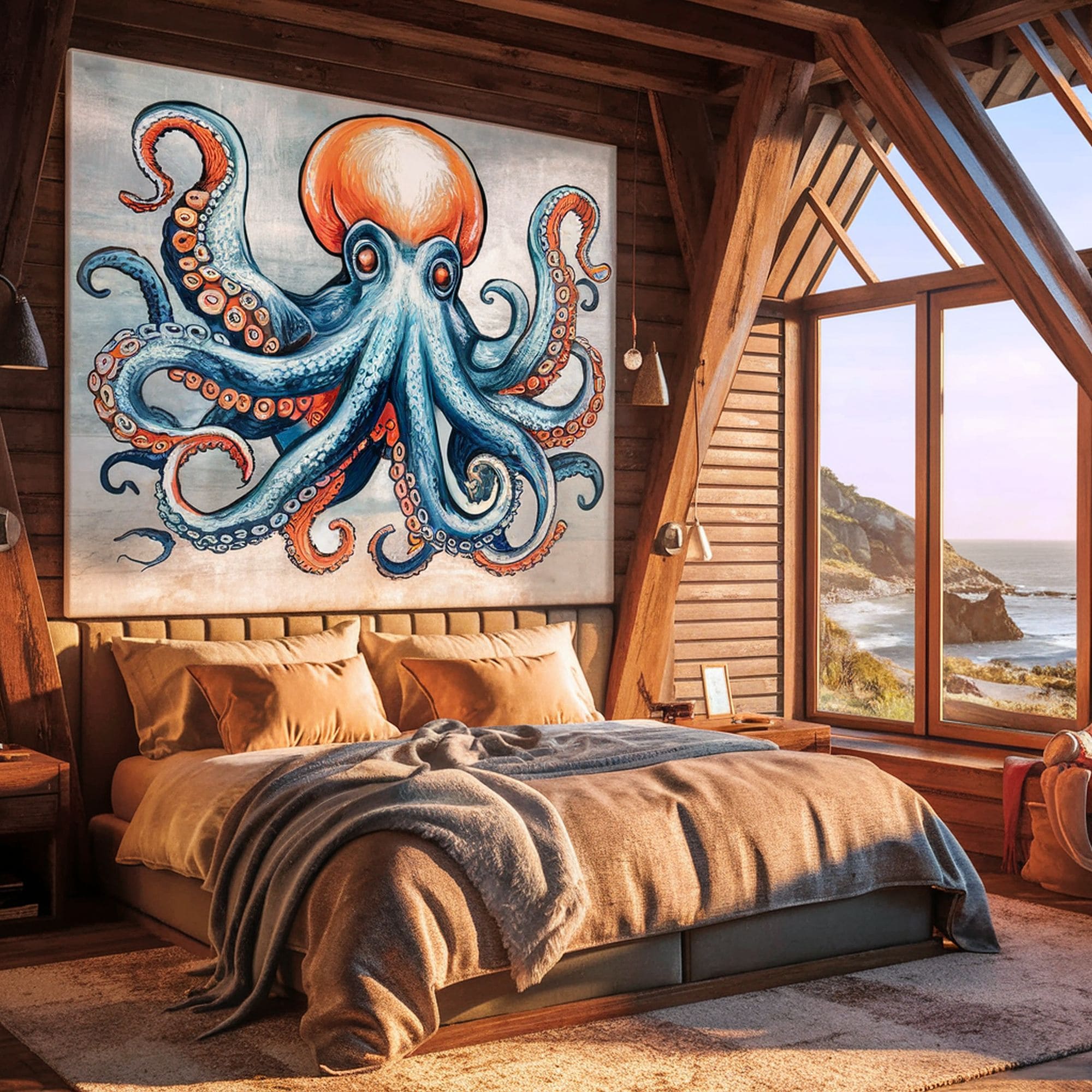 Beach Inspired Bedroom With Octopus Artwork