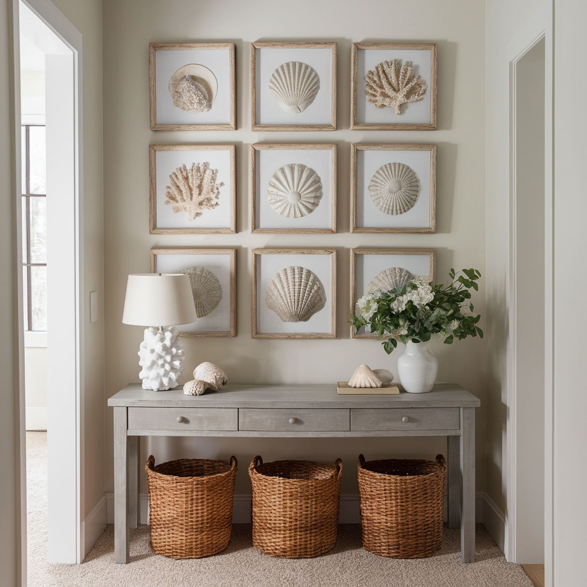 Beach Inspired Hallway With Seashell Gallery Wall